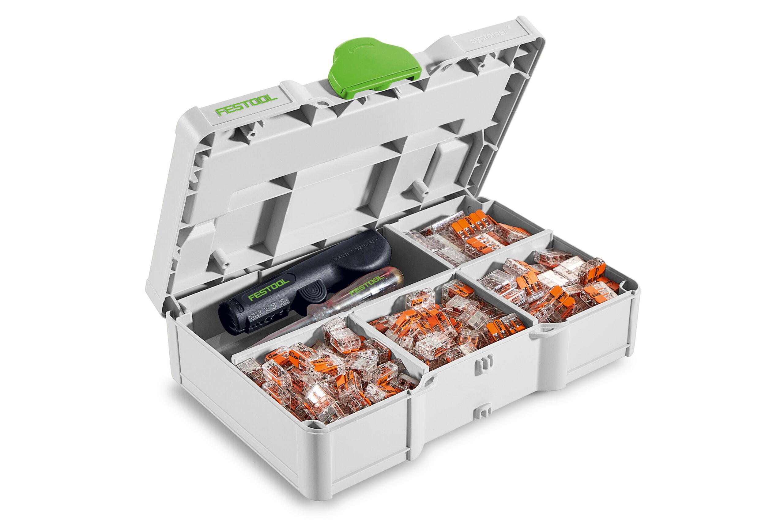 A gray plastic organizer box with an open lid reveals compartments of orange and clear WAGO connectors, binding posts, and a tool.