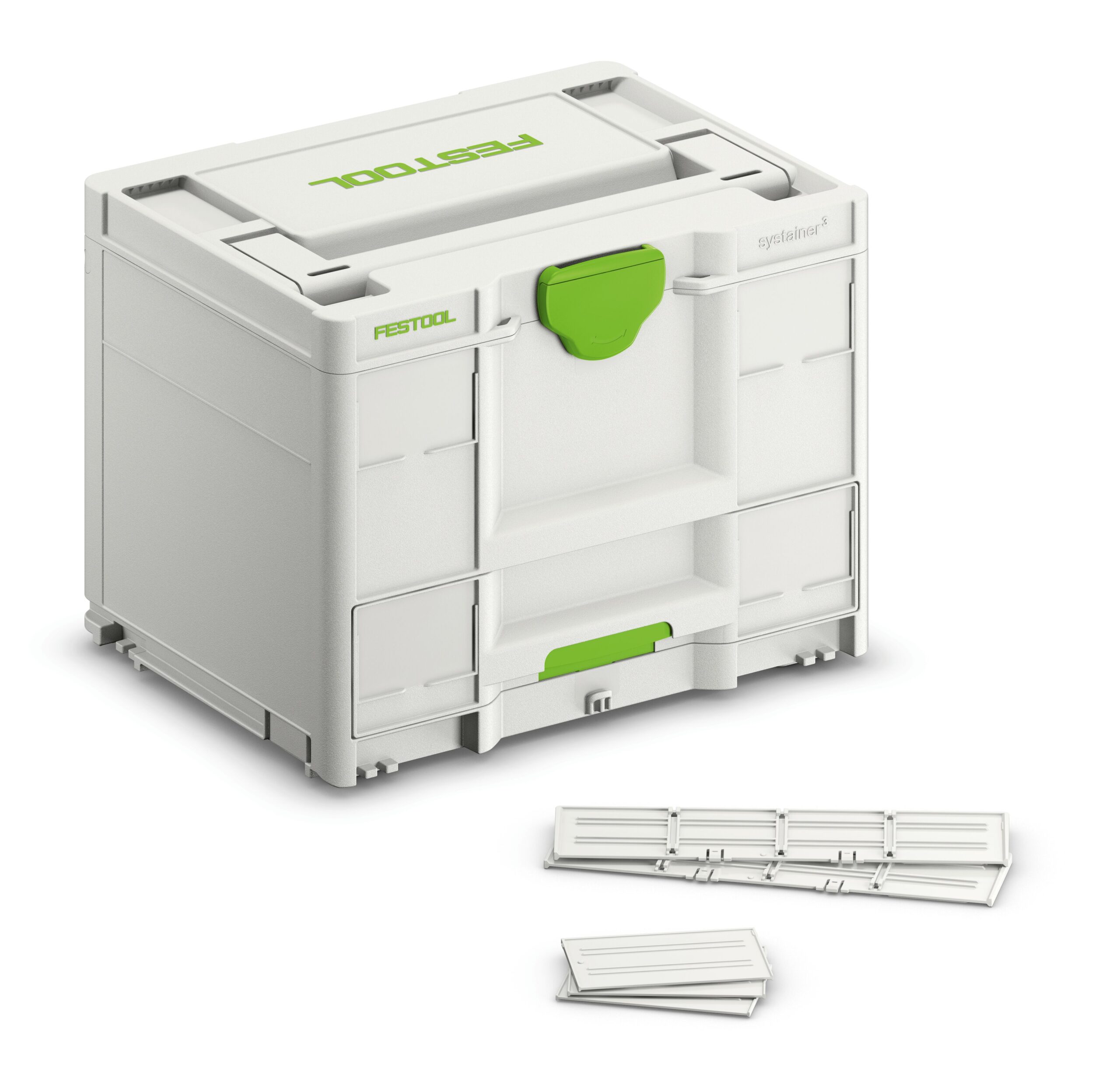 A white Festool storage box with green accents sits closed, with three white plastic label holders in front on a white background.