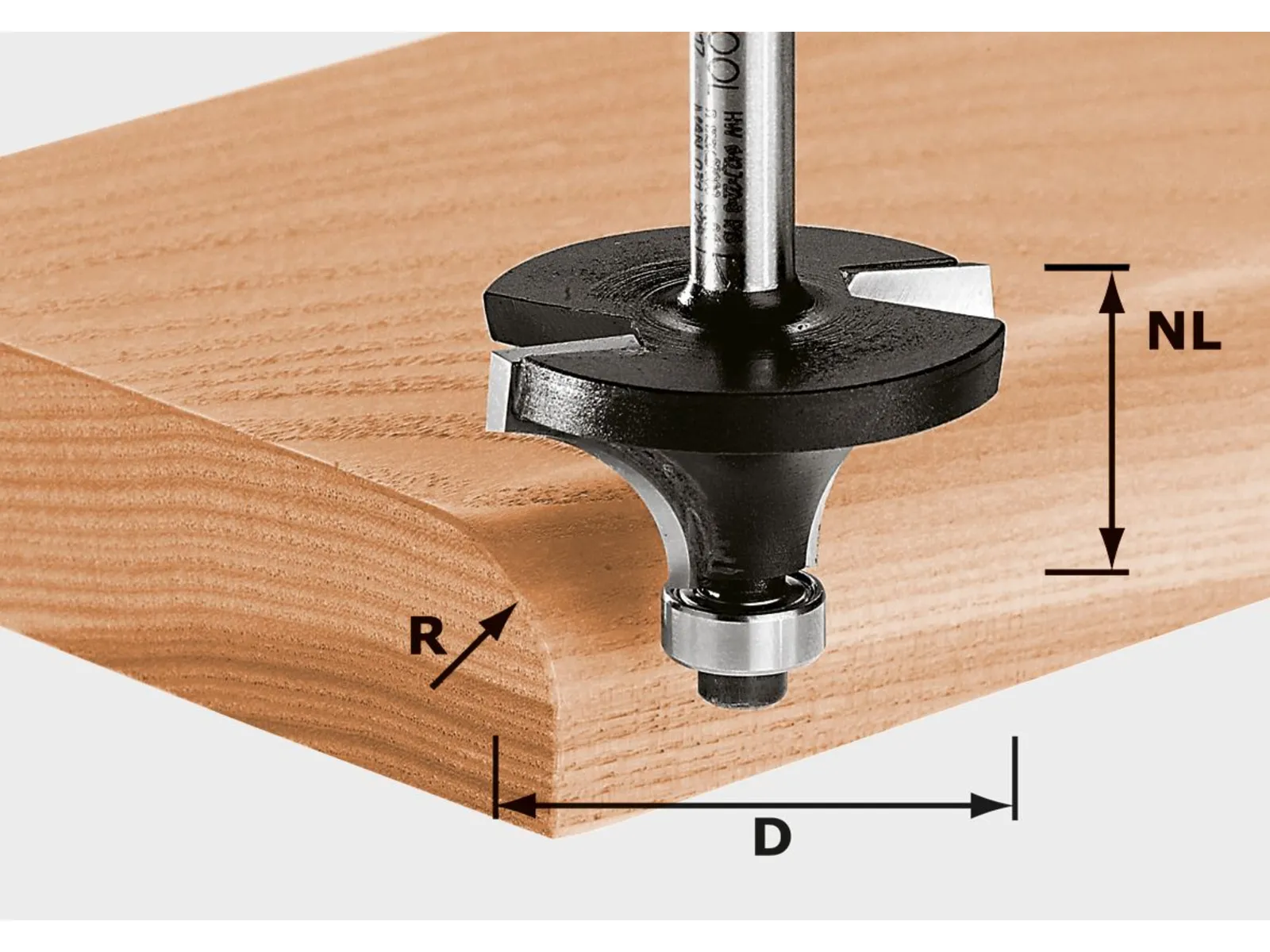 A round-over router bit shapes the edge of a wooden board. Arrows show radius, diameter, and cutting length of the bit.