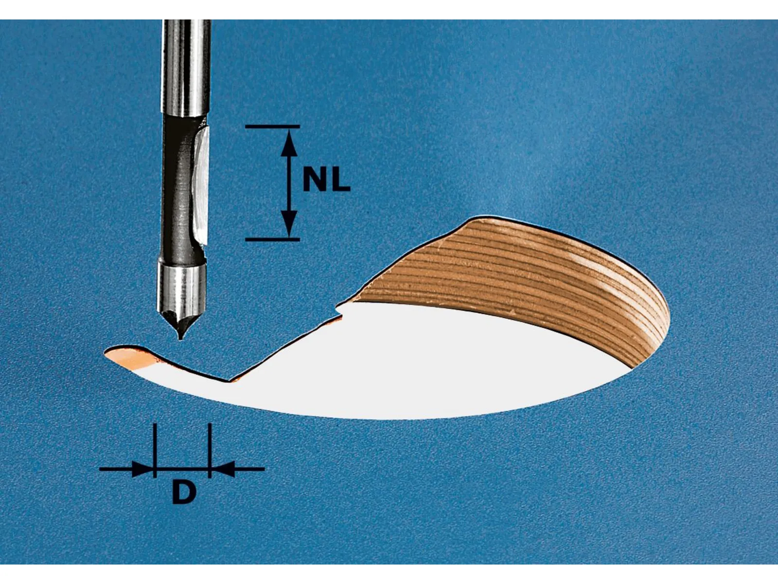 A Festool 491034 VERLEIMFRÄSER HW D34/NL32 drill bit creates a circular hole in a blue and brown layered surface.
