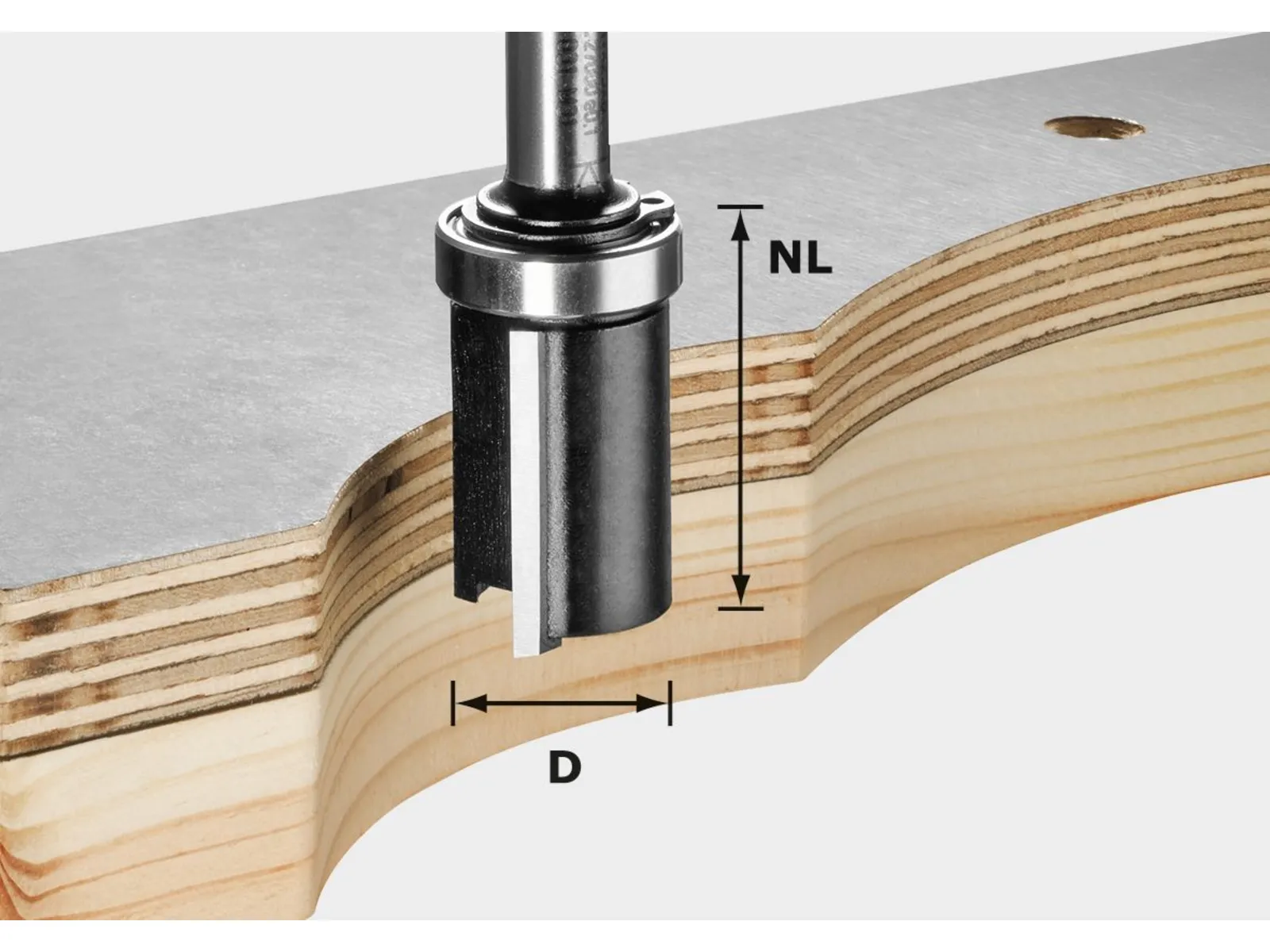 A close-up of a cylindrical router bit cutting into layered plywood, with arrows showing its cutting length and diameter.