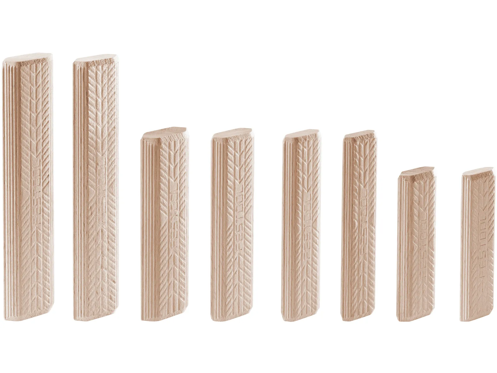 Seven wooden dowels of different heights stand upright in a row on a white background, each carved with a tree-branch pattern.