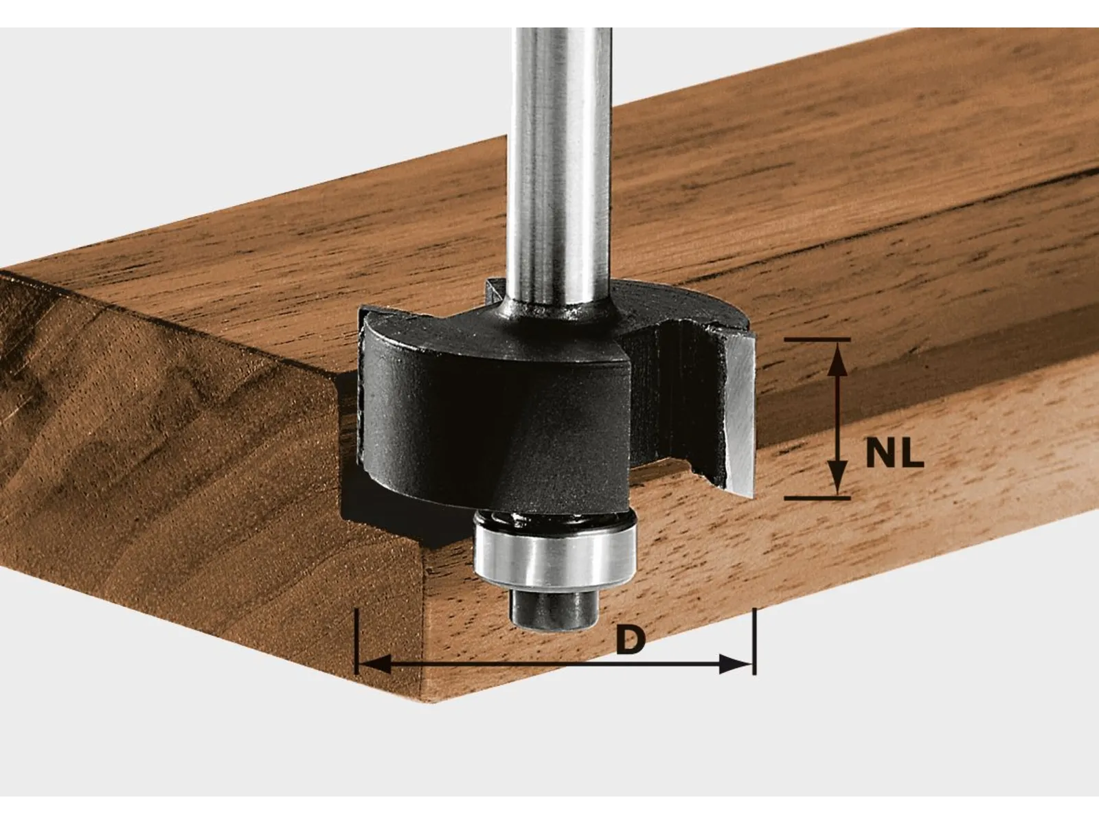A drill bit with a guide bearing cuts a groove into the edge of a wooden board, with arrows showing depth and diameter measurements.