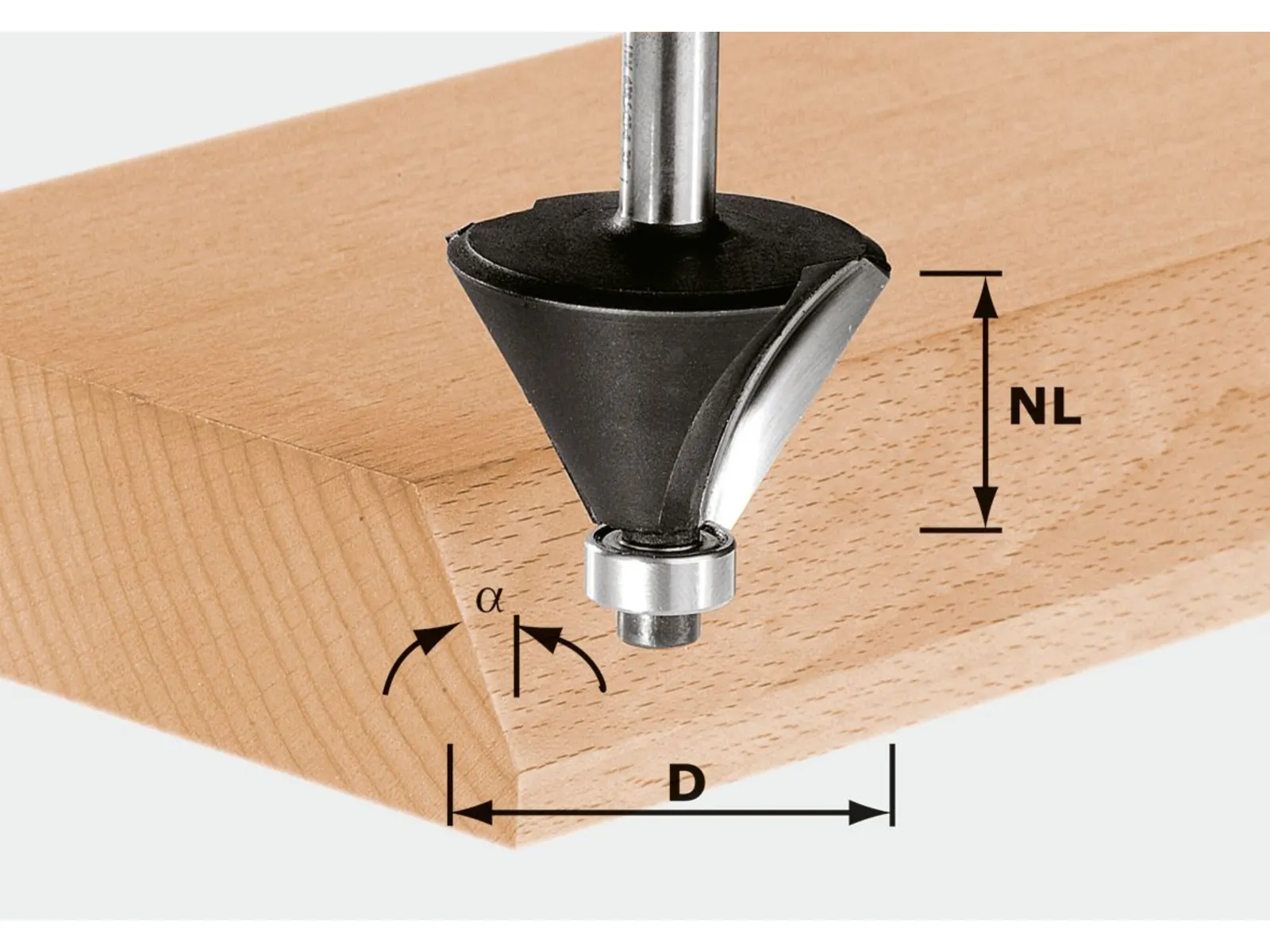 A chamfer router bit cuts a beveled edge on a wooden board, illustrating angle, chamfer depth, and chamfer width dimensions.