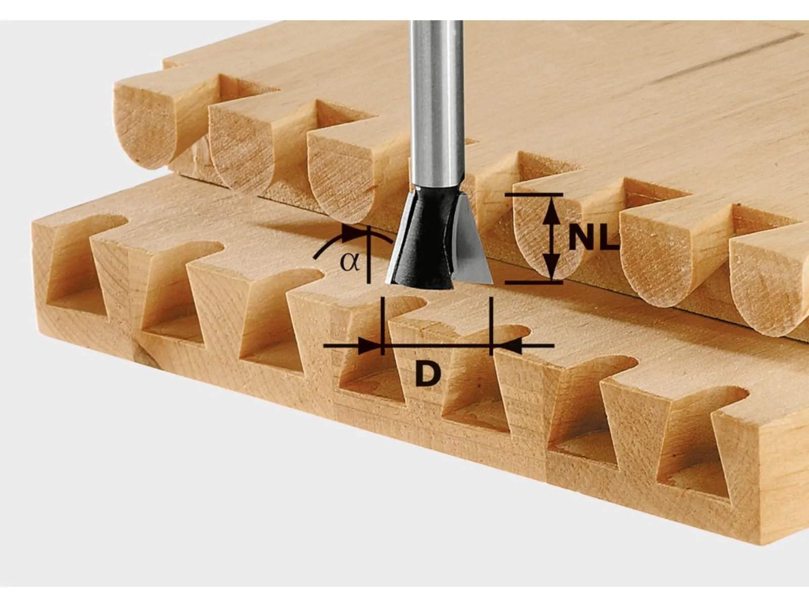 A close-up of a dovetail joint in two wooden boards with a drill bit above the joint, showing precise alignment and detail.