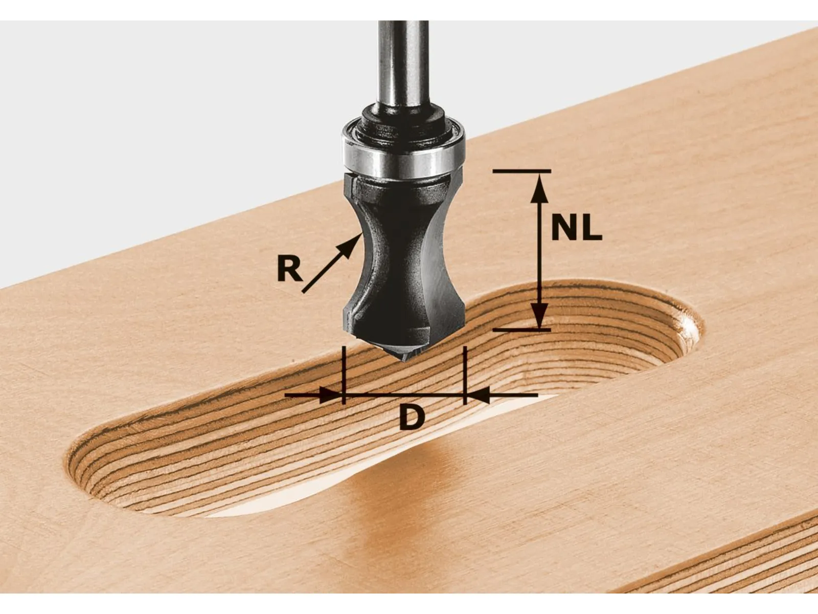 A router bit above a wooden board near an oval groove, with arrows showing the bit’s radius, cutting length, and diameter.