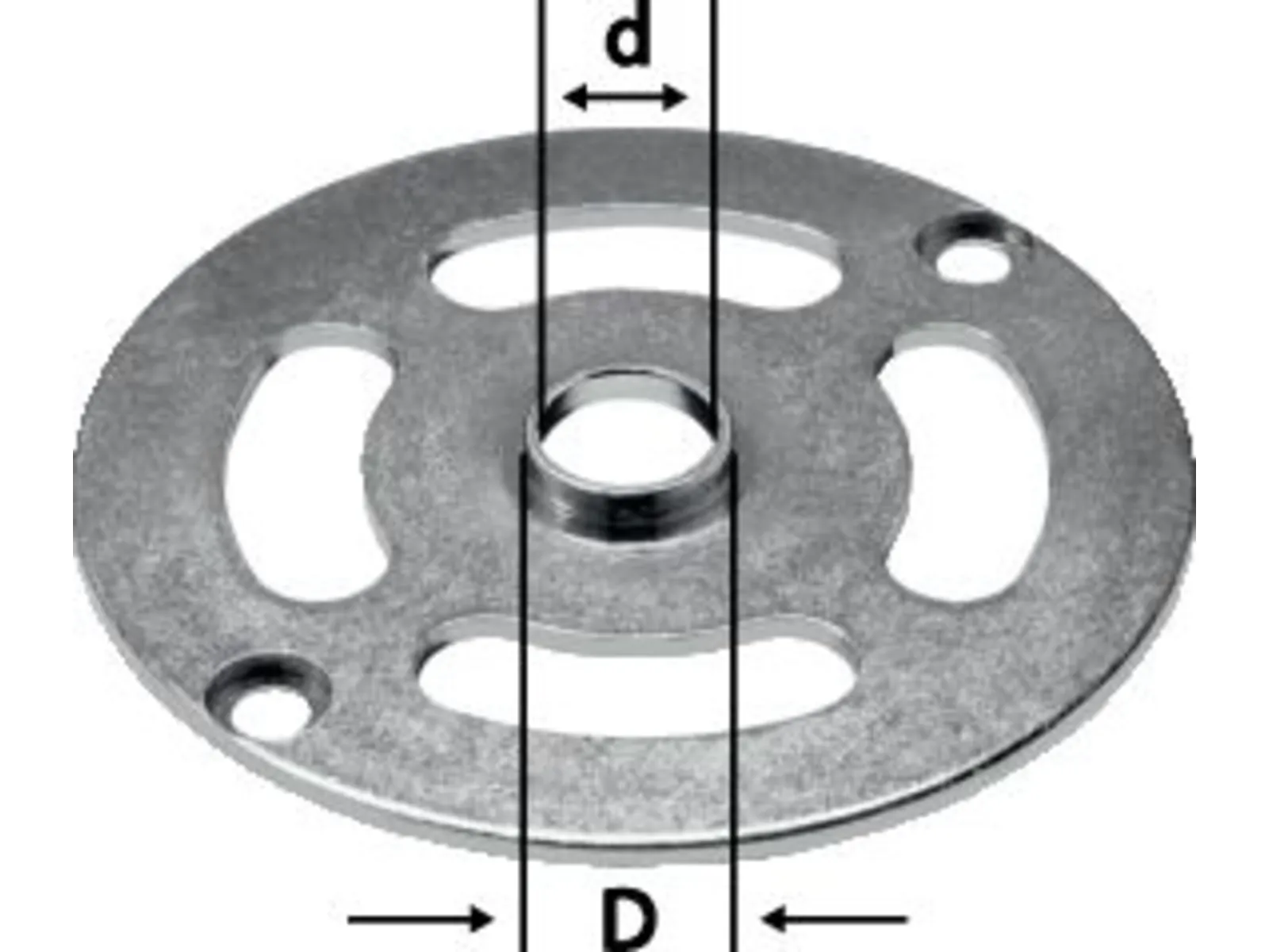 A round metal disk featuring three long slots and one round hole; diameter D for the disk and d for the center hole are indicated.