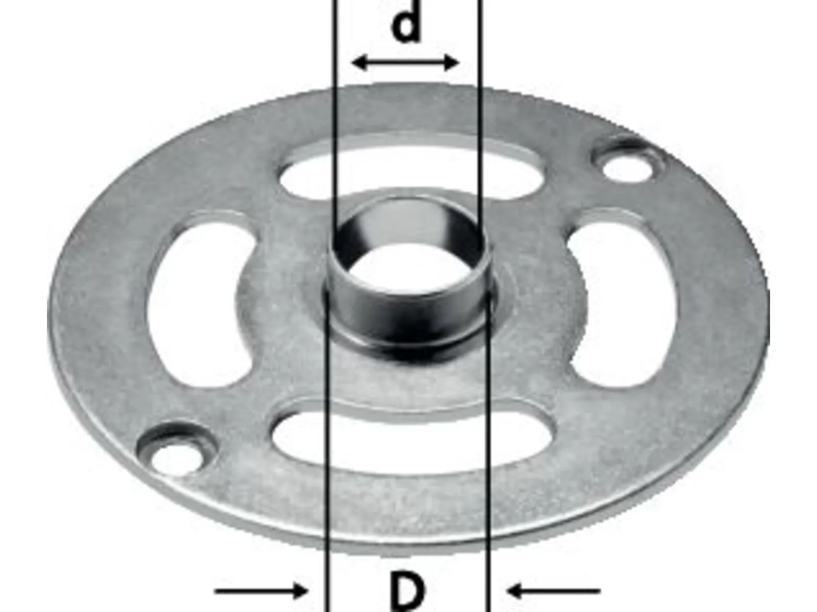 A round metal plate with three elongated slots, two small holes, and a raised central ring. Arrows show inner and outer diameters.