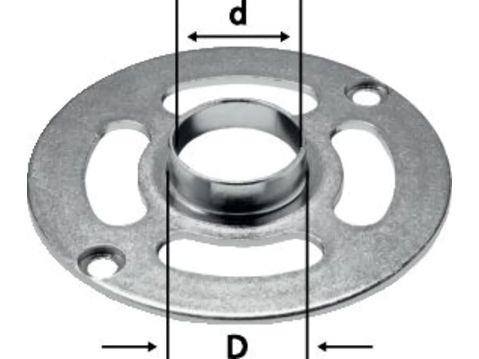 A round metal mounting plate with a raised central ring, two elongated slots, and two circular holes, showing inner and outer diameters.