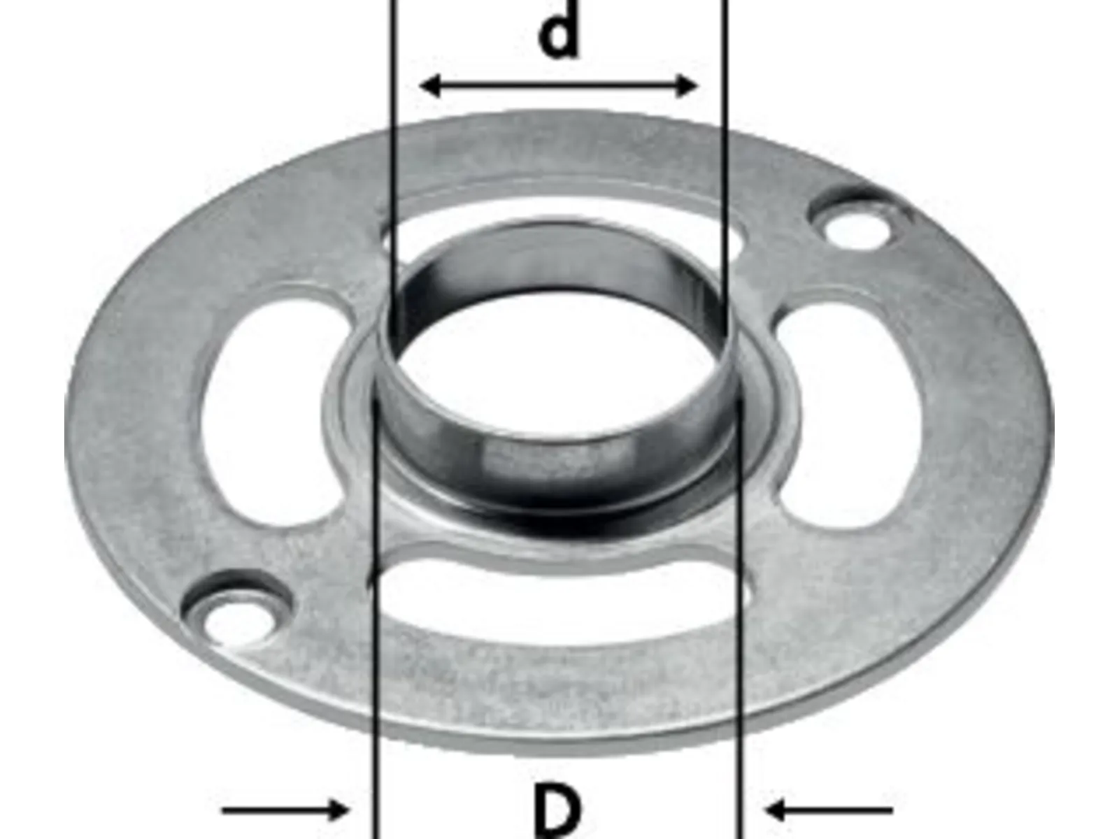 A circular metal flange with an inner and outer diameter, three holes, and elongated cutouts.
