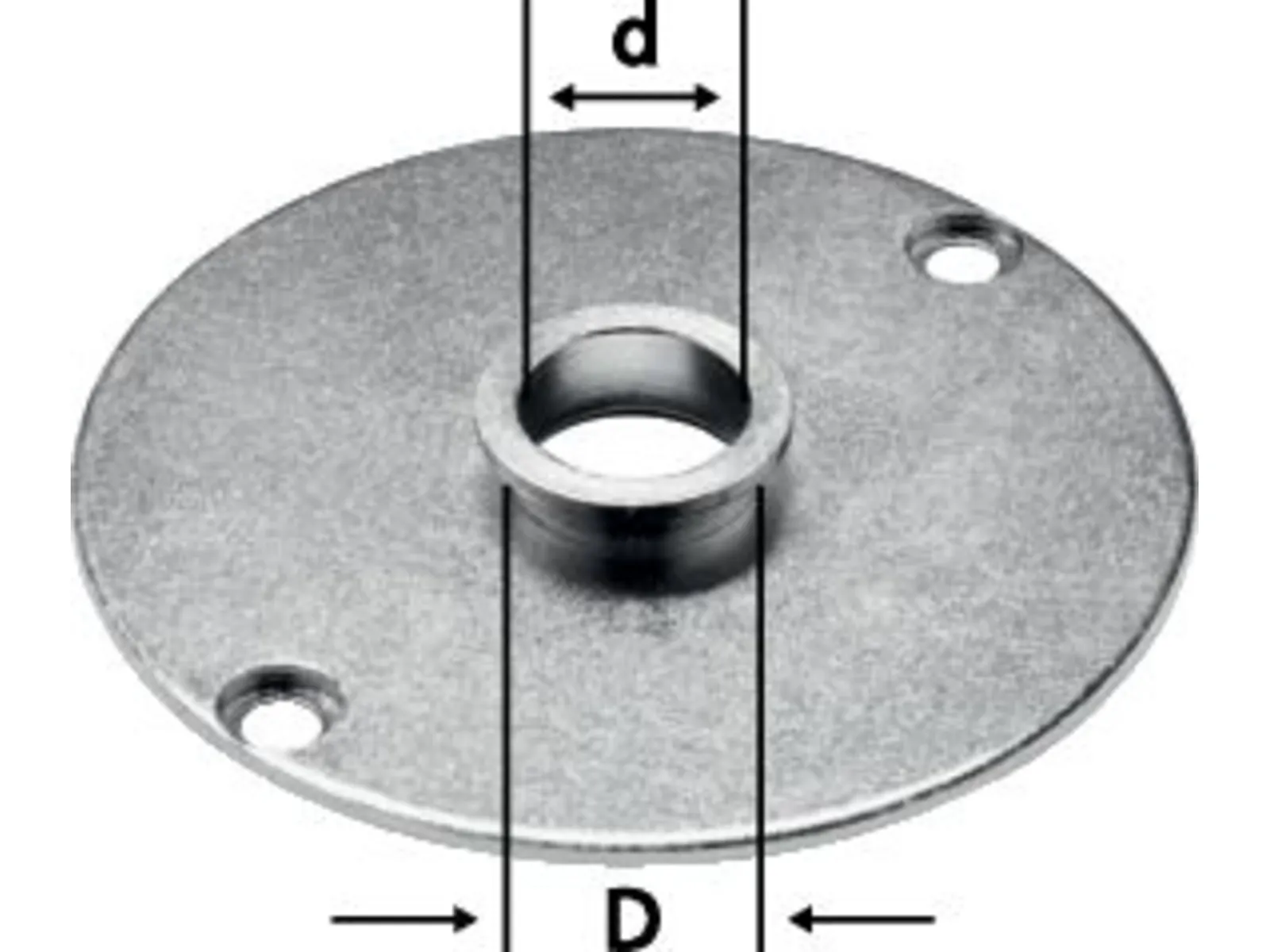 A round metal plate with a central raised hole and two smaller edge holes, plus arrows marking the inner (d) and outer (D) diameters.
