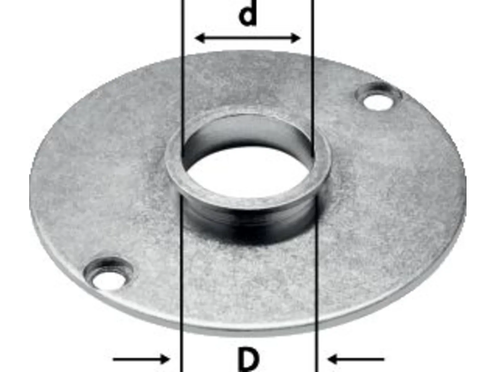 A metal washer with a raised central hole and two smaller side holes, showing a small inner diameter and larger outer diameter.