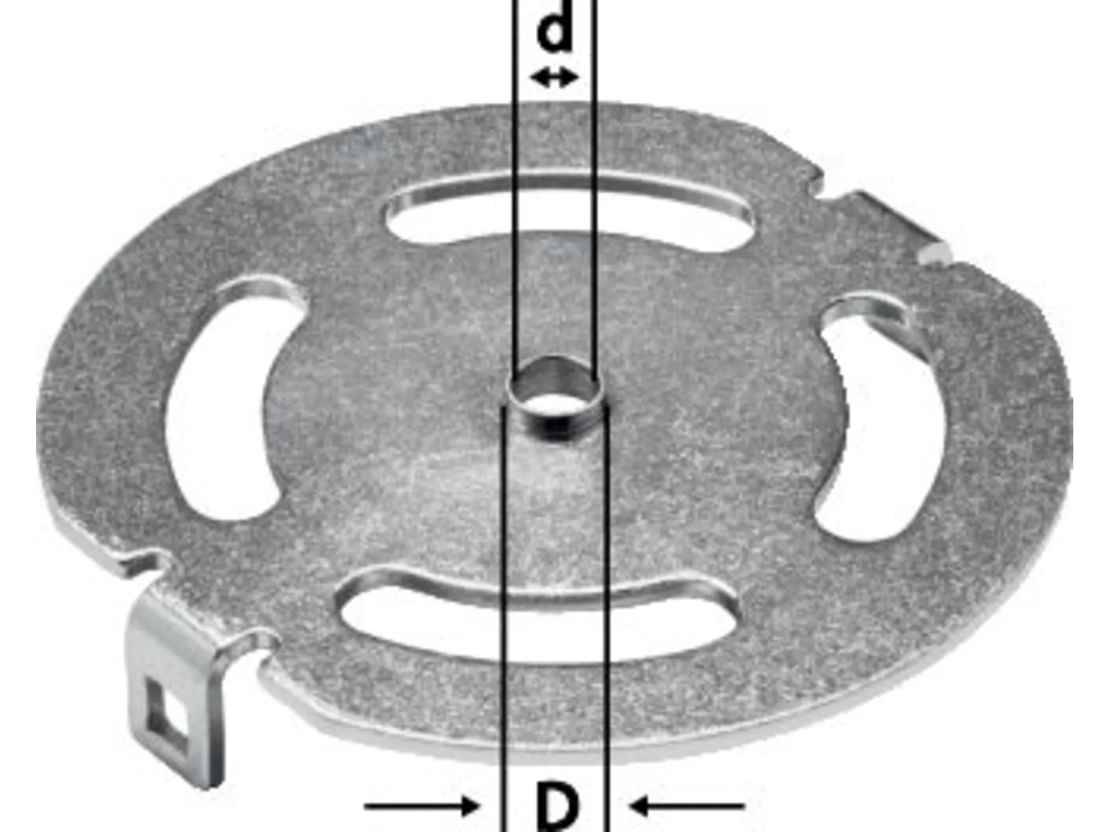 A round metallic disk with three oval cutouts, a central hole, and a small tab at the edge; labeled dimensions d and D are shown.
