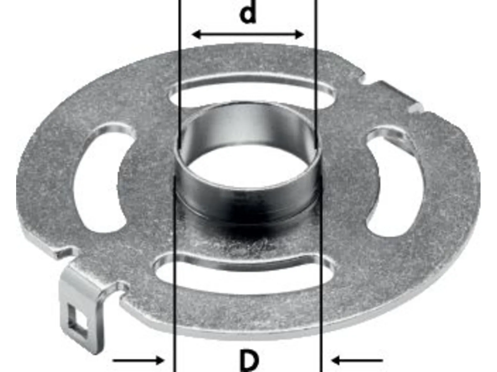 A round metal mounting plate with a central raised ring, three elongated slots, and a rectangular tab on one side. Two diameter lines labeled d and D cross the plate.