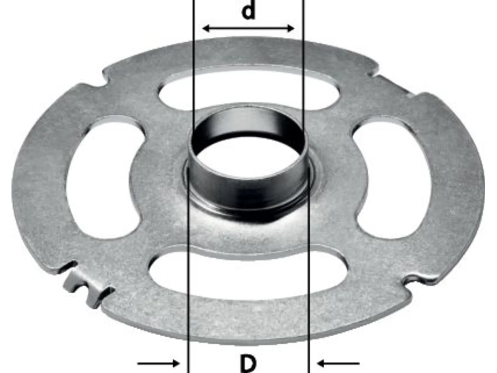 A round metal disc with a raised center hole, three large oval cutouts, one small notch, and diameter lines for inner and outer circles.