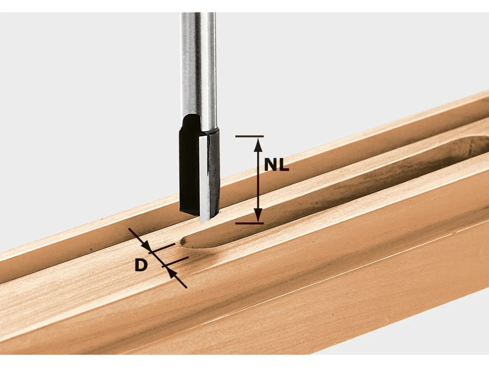 A close-up of a chisel cutting a rectangular groove in wood, with arrows marking the groove's depth and length.