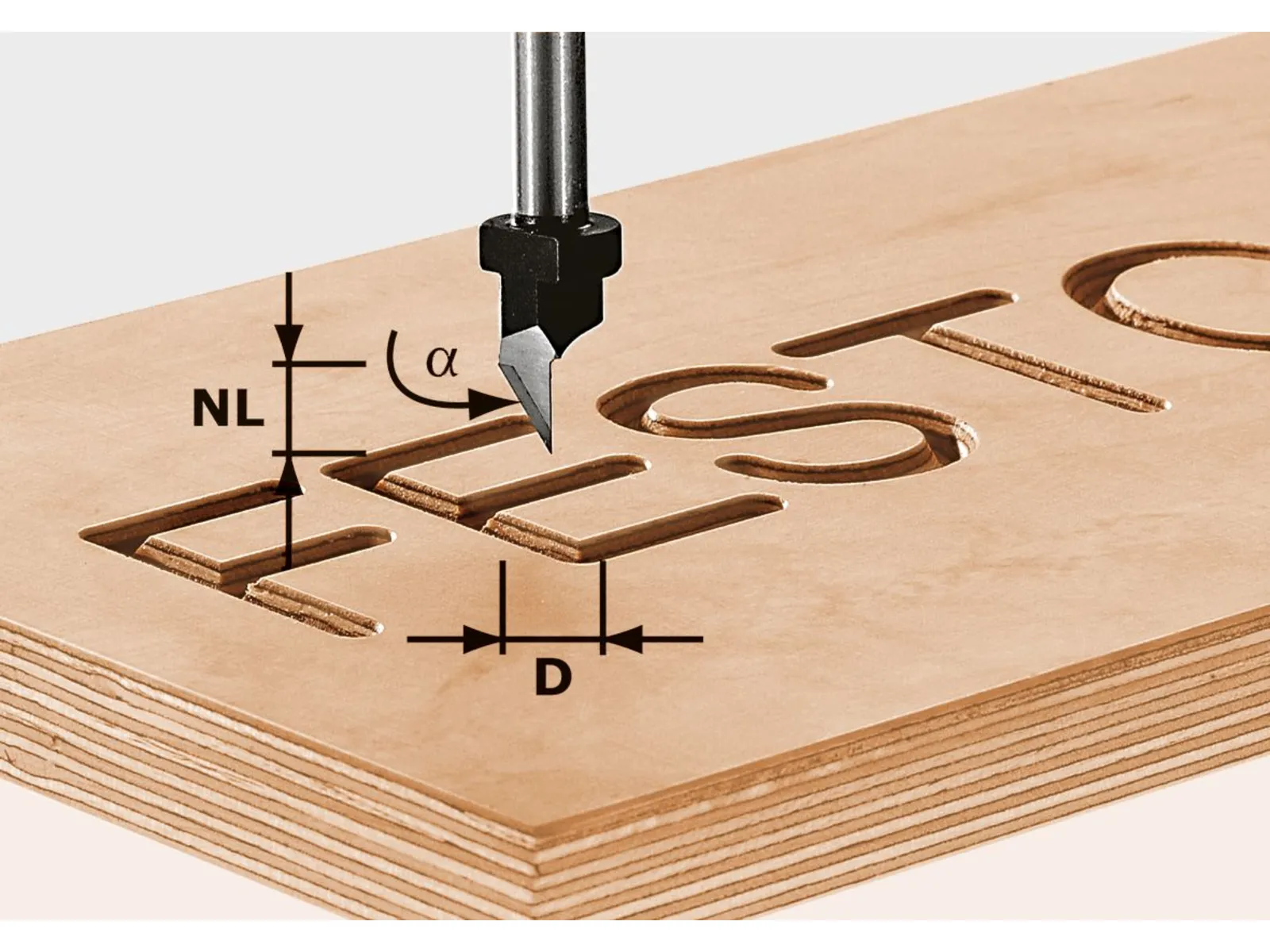 A router bit carves FESTO into a wooden board, with labeled measurements of cutting depth, diameter, and angle near the letter E.