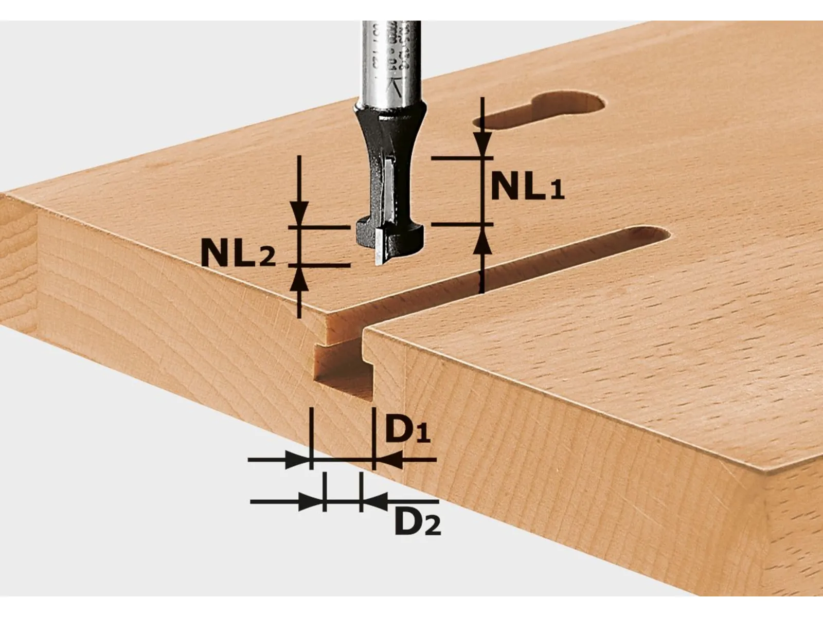 A close-up shows the Festool 491034 VERLEIMFRÄSER HW D34/NL32 above a groove in wood, highlighting precise drilling detail.