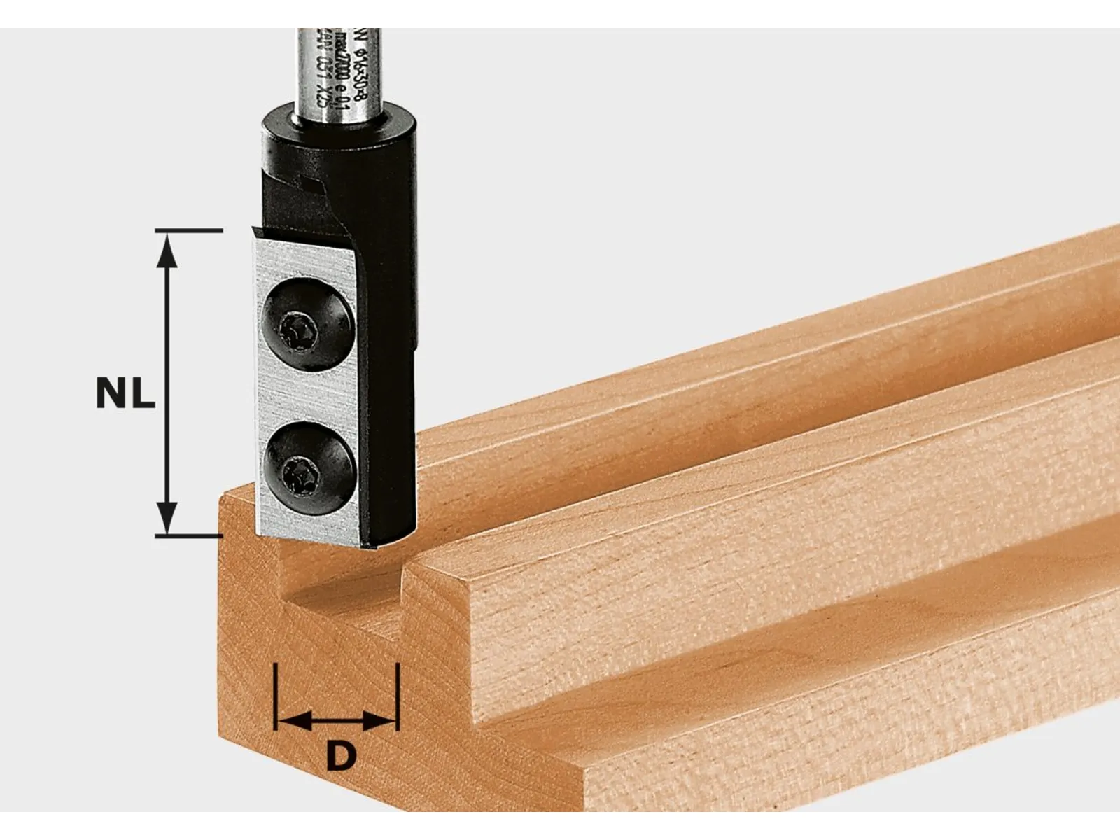 A metal cutting tool is positioned above a grooved wooden block. Arrows show vertical and horizontal dimensions being measured.
