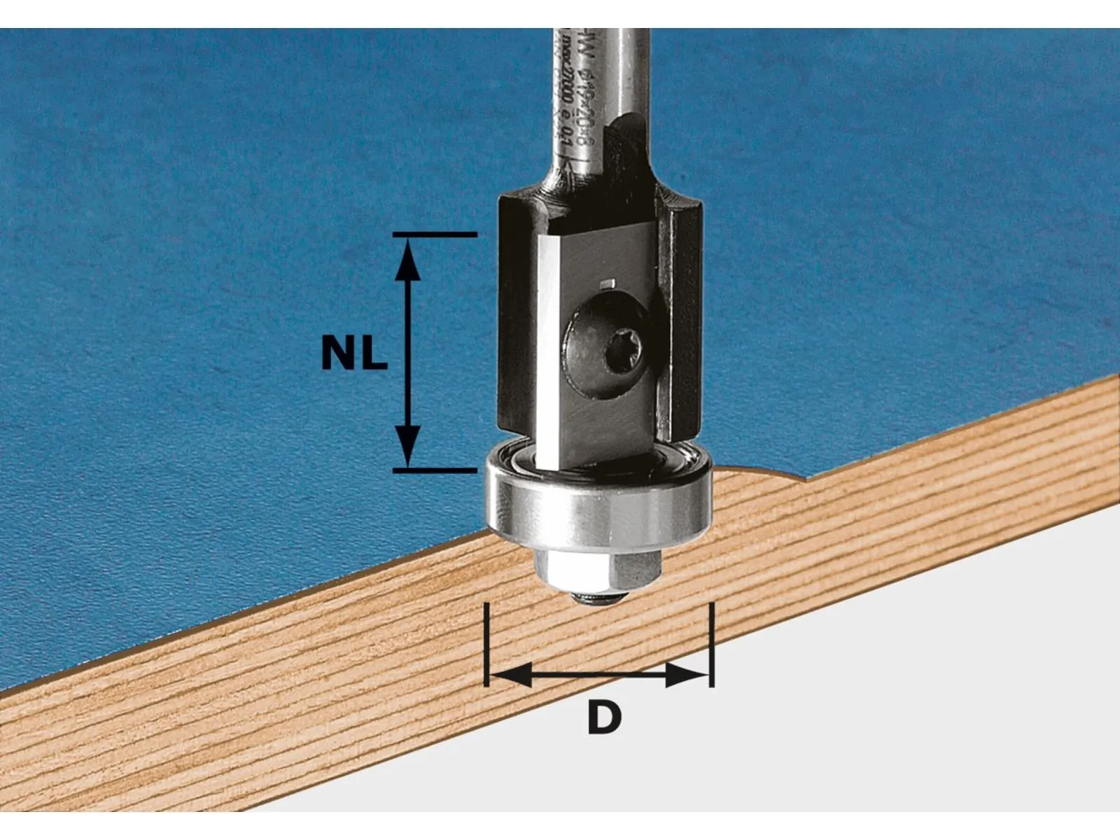Close-up of a router bit with bearing cutting the edge of a blue-laminated plywood board. Two arrows indicate cutting depth and diameter.