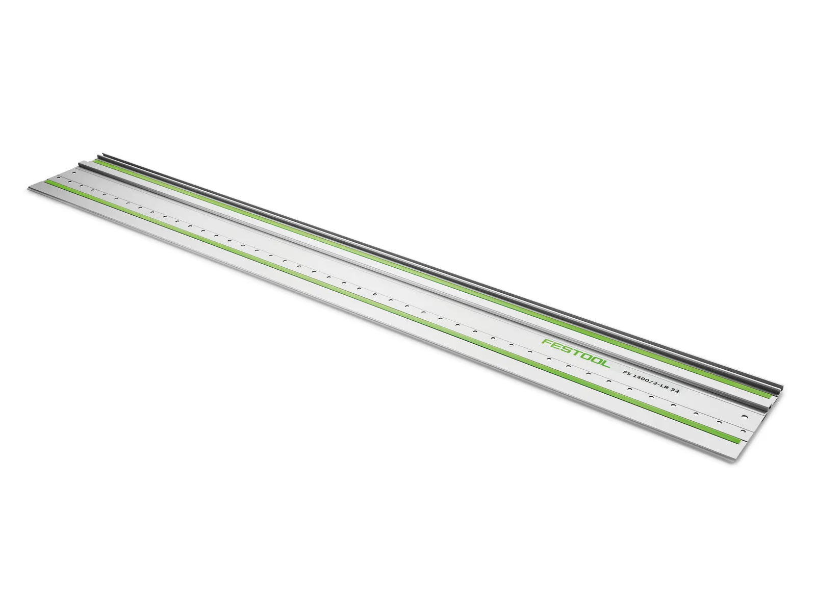 The Festool 491140 hand rail cutter HW D22/16/R2,5+R6 pairs with a silver guide rail with green accents and black rubber strips.