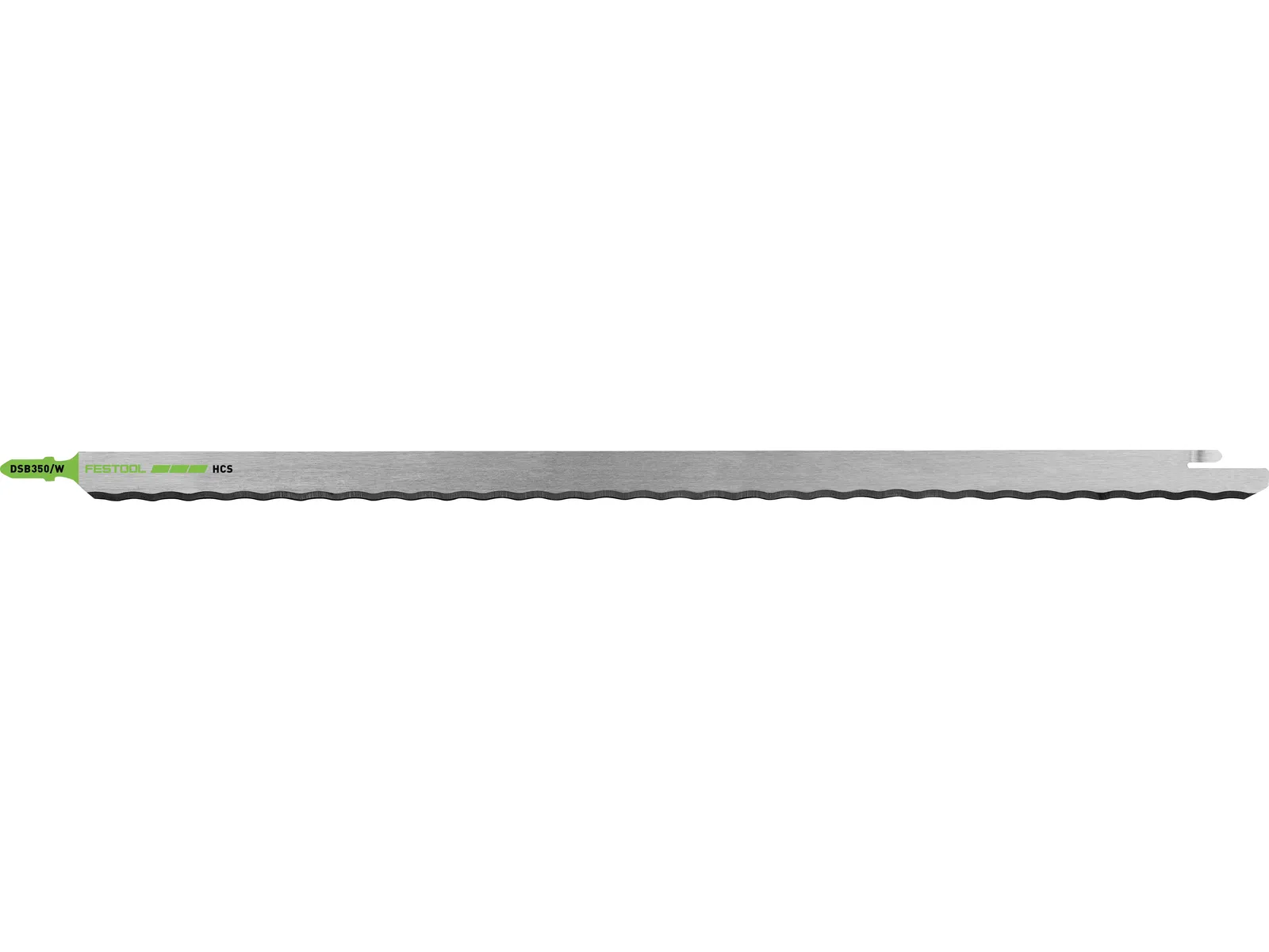A single silver reciprocating saw blade with a green and white label on one end and a wavy, serrated cutting edge.