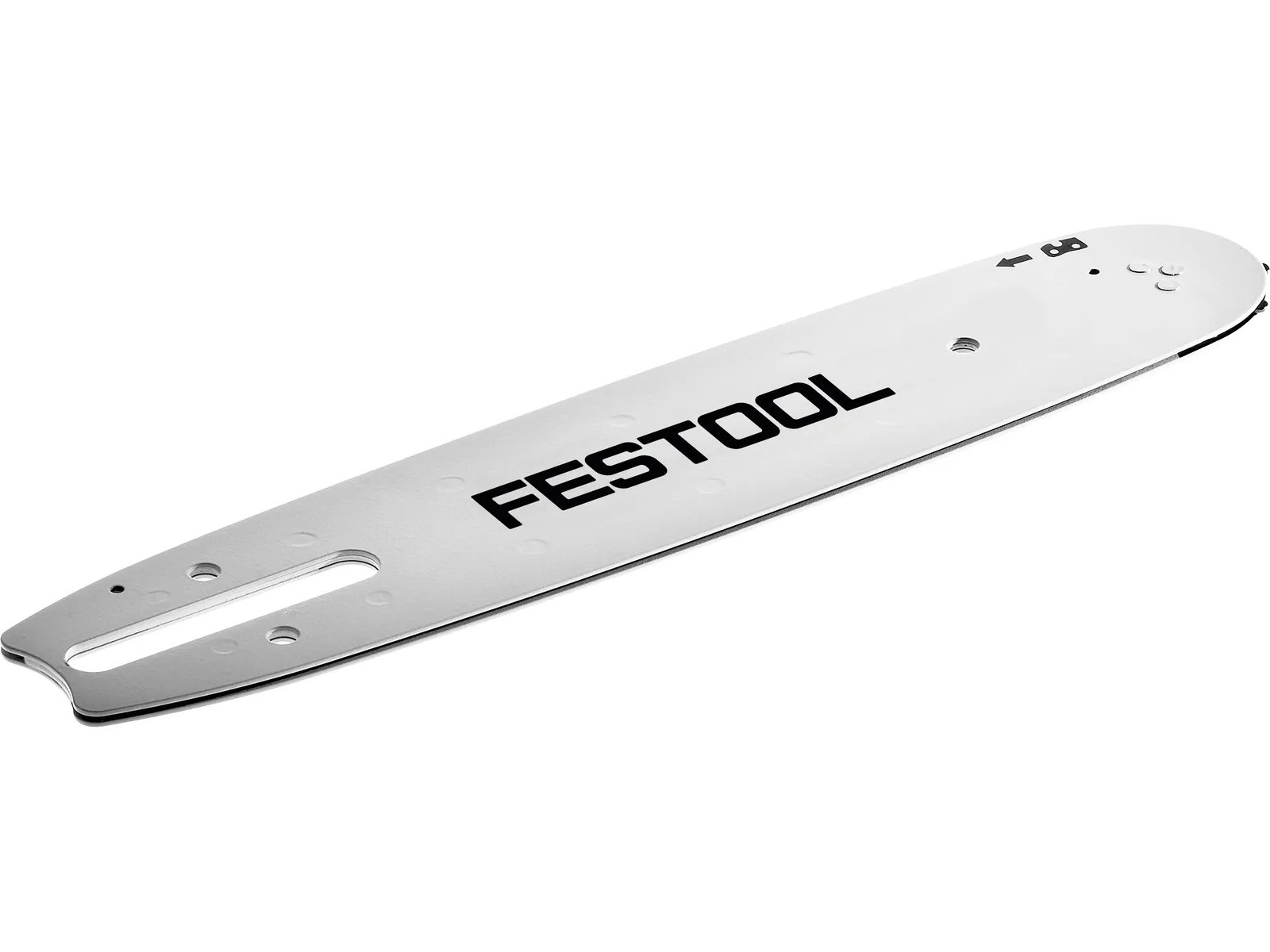 A silver Festool 491140 hand rail cutter guide bar, HW D22/16/R2.5+R6, features a slotted end with multiple holes and a rounded opposite end.