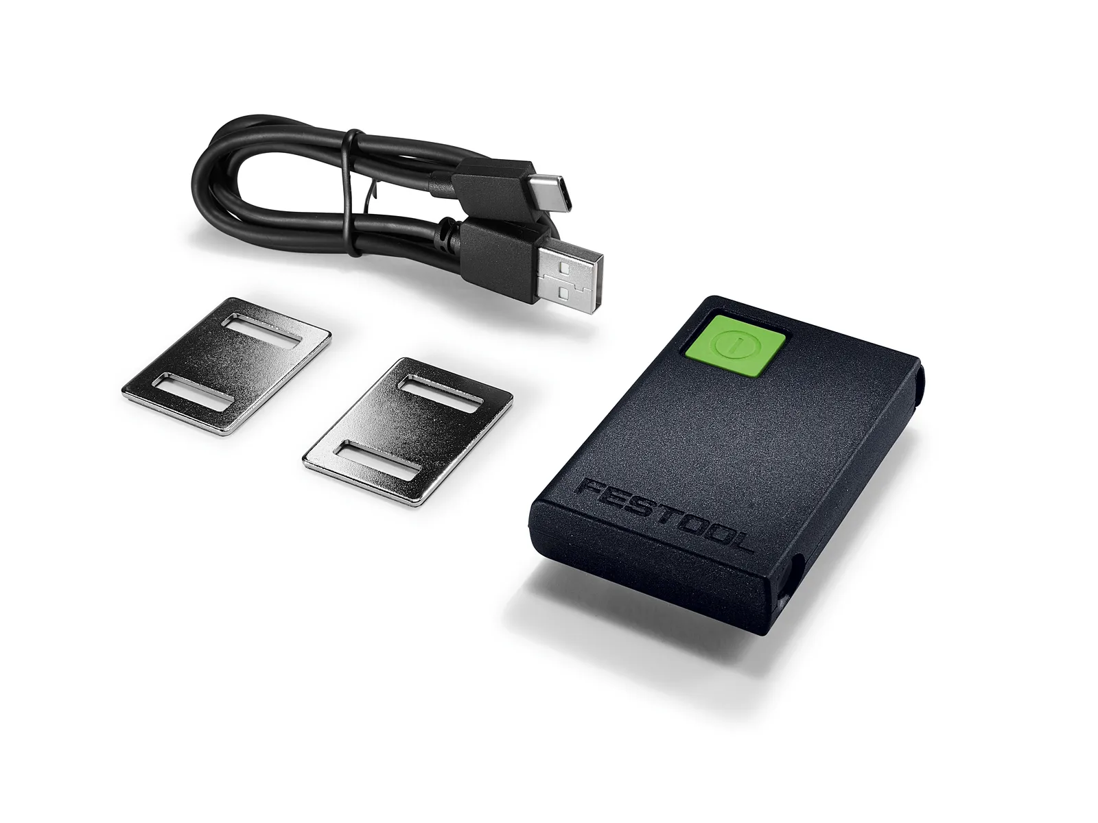 A black Festool 578591 light module with a green button, two metal clips, and a USB-C to USB-A cable on a white surface.
