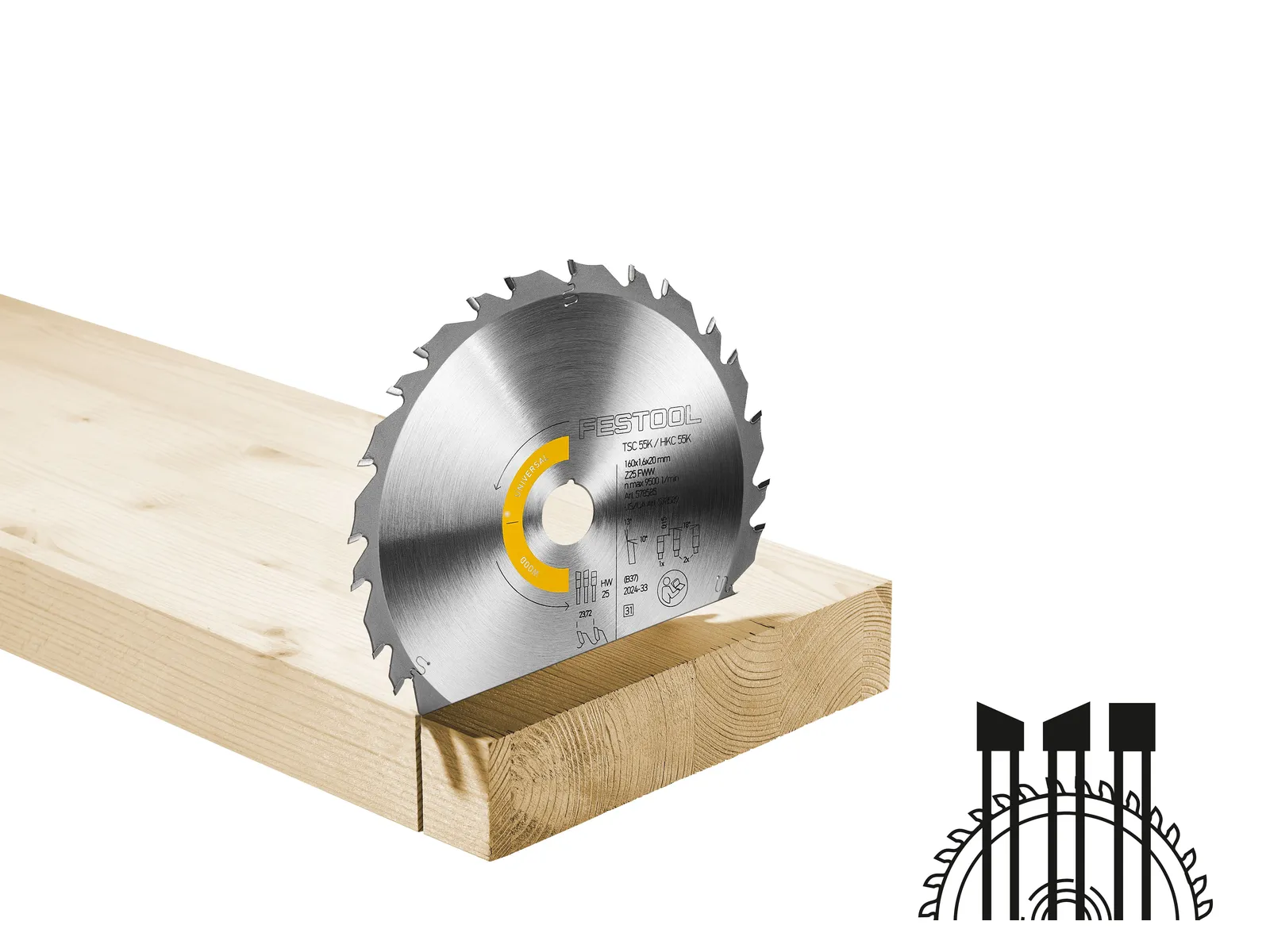 A circular saw blade partially embedded in a wooden plank, with various saw blade tooth shapes diagrammed in the lower right corner.