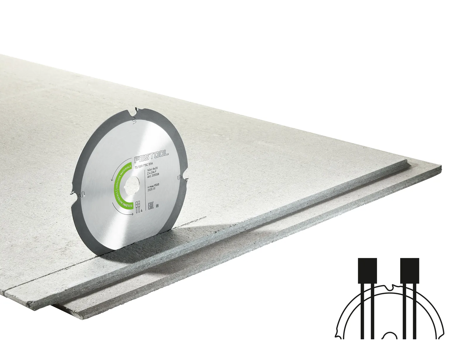 A circular saw blade cuts a groove into cement board. In the corner, an illustration shows the blade’s profile cutting the board.