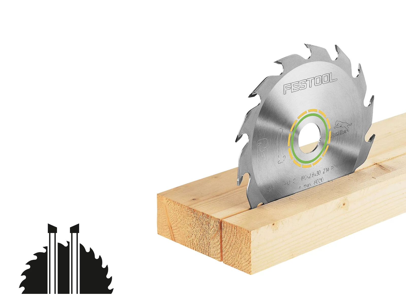 A circular saw blade is partially inserted into two stacked wooden planks. In the bottom left corner is a black saw blade icon.