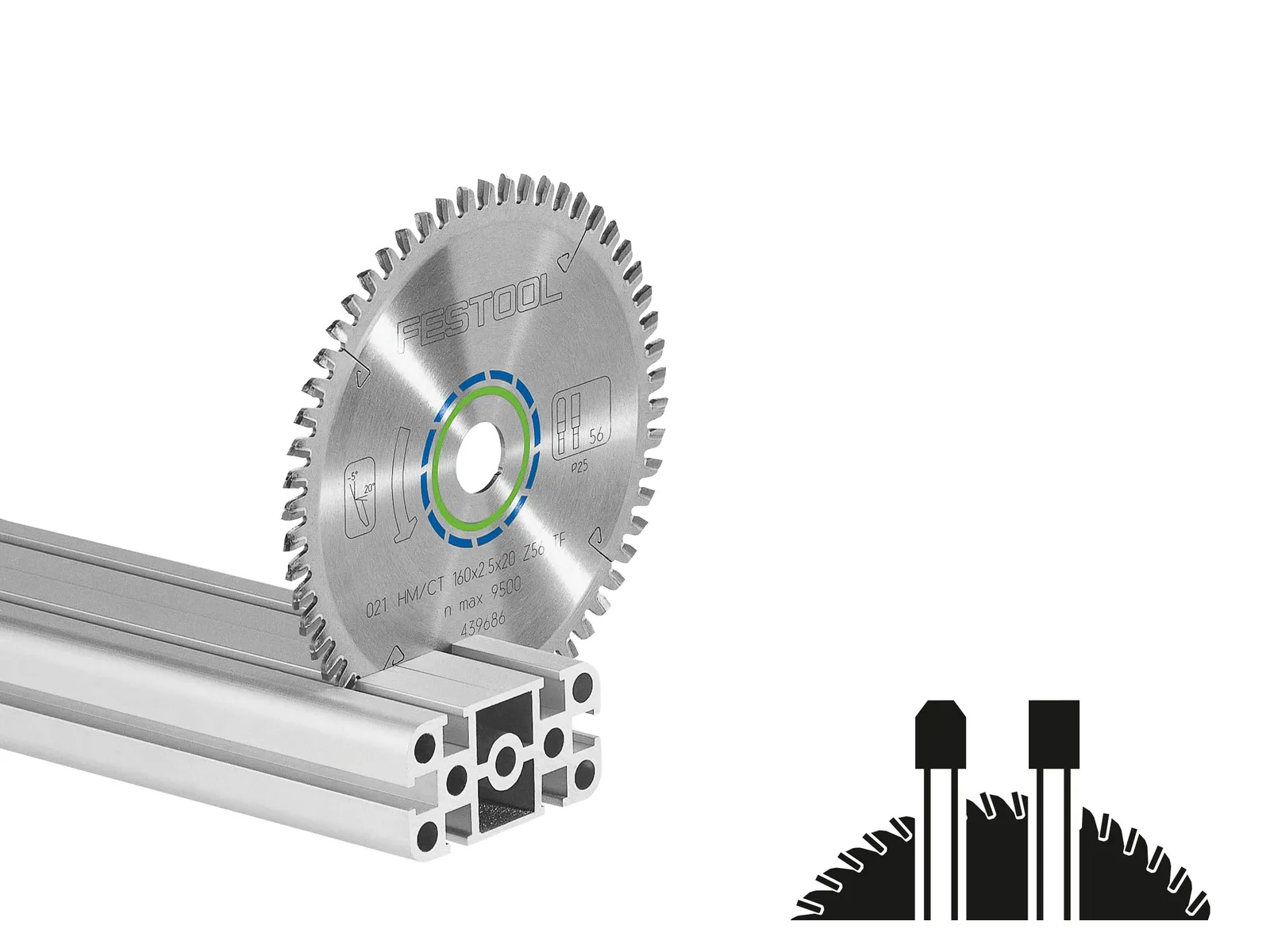 A circular saw blade stands upright against metal extrusions on a white background with a small diagram of a blade cutting material.