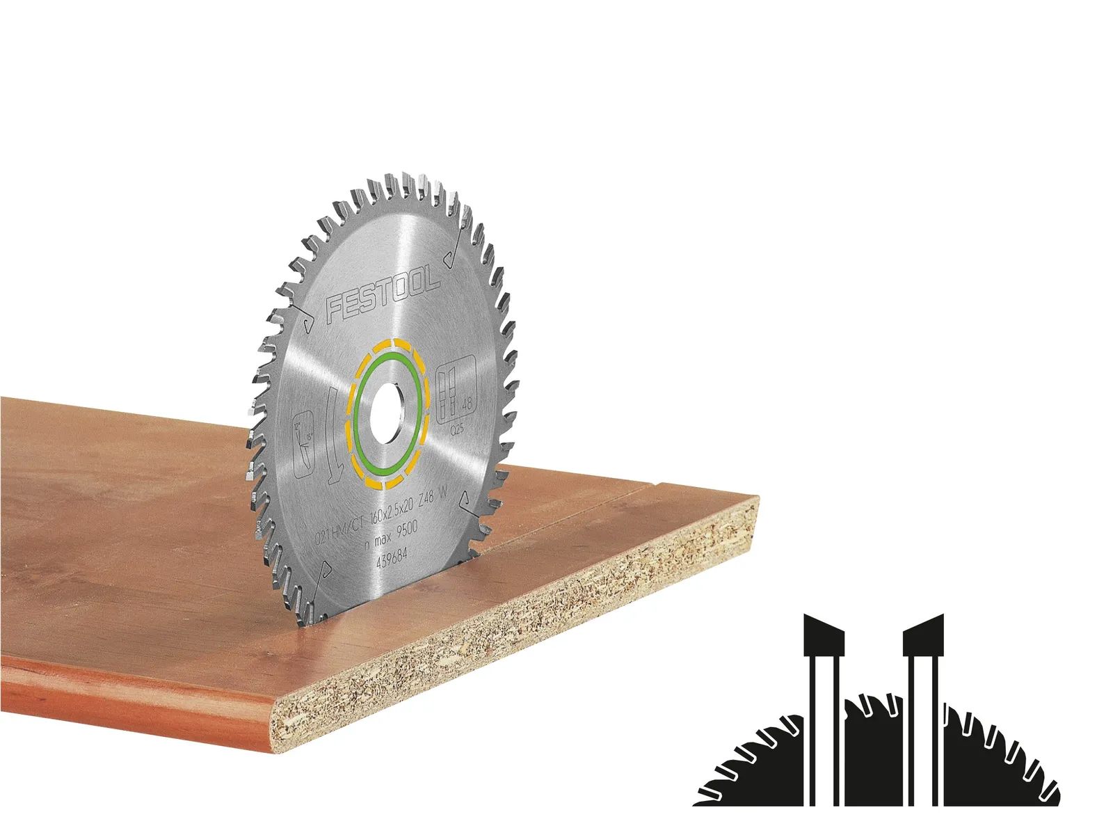 A circular saw blade is partially inserted into a wood board, with a close-up of the blade's tooth design in the bottom right corner.