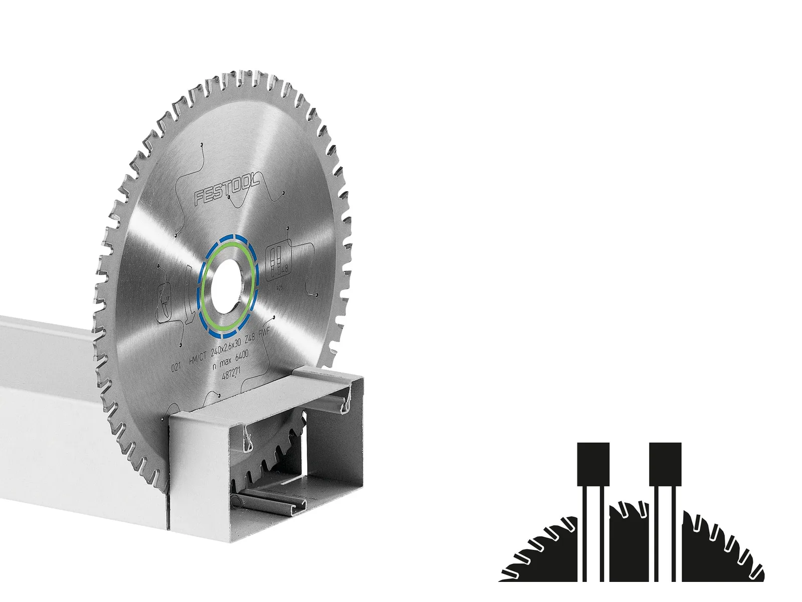 A circular saw blade mounted vertically on a metal support, with a diagram on the right showing the blade’s teeth engaging two bars.