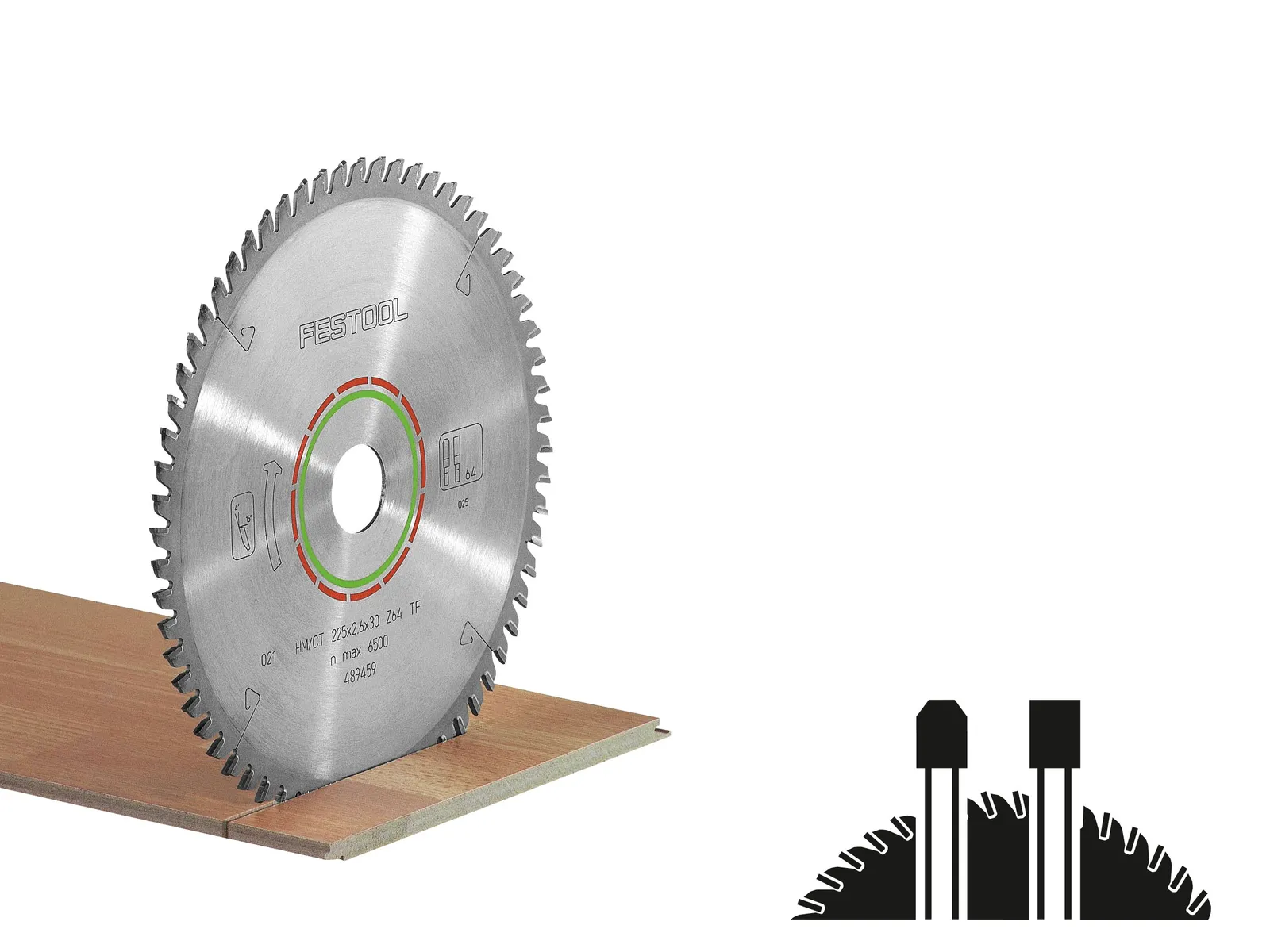 A circular saw blade standing upright on a piece of wood with an illustration of its tooth profile and cutting action in the lower right.