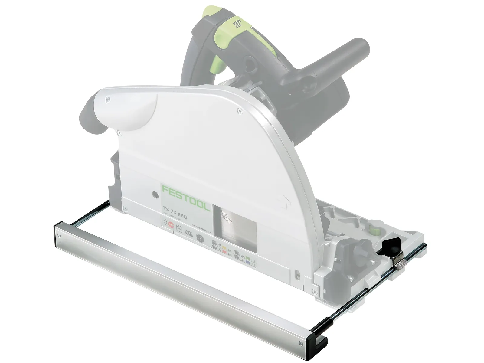 A Festool track saw with a semi-transparent base features the black and silver Festool 492243 PARALLEL GUIDE PA-TS 75 accessory for precise cuts.