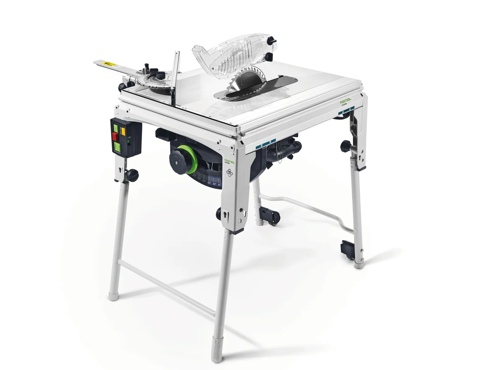 The Festool 575784 Table Saw TKS 80 EBS GB 230V features a silver frame, foldable legs, circular blade, and rip fence.