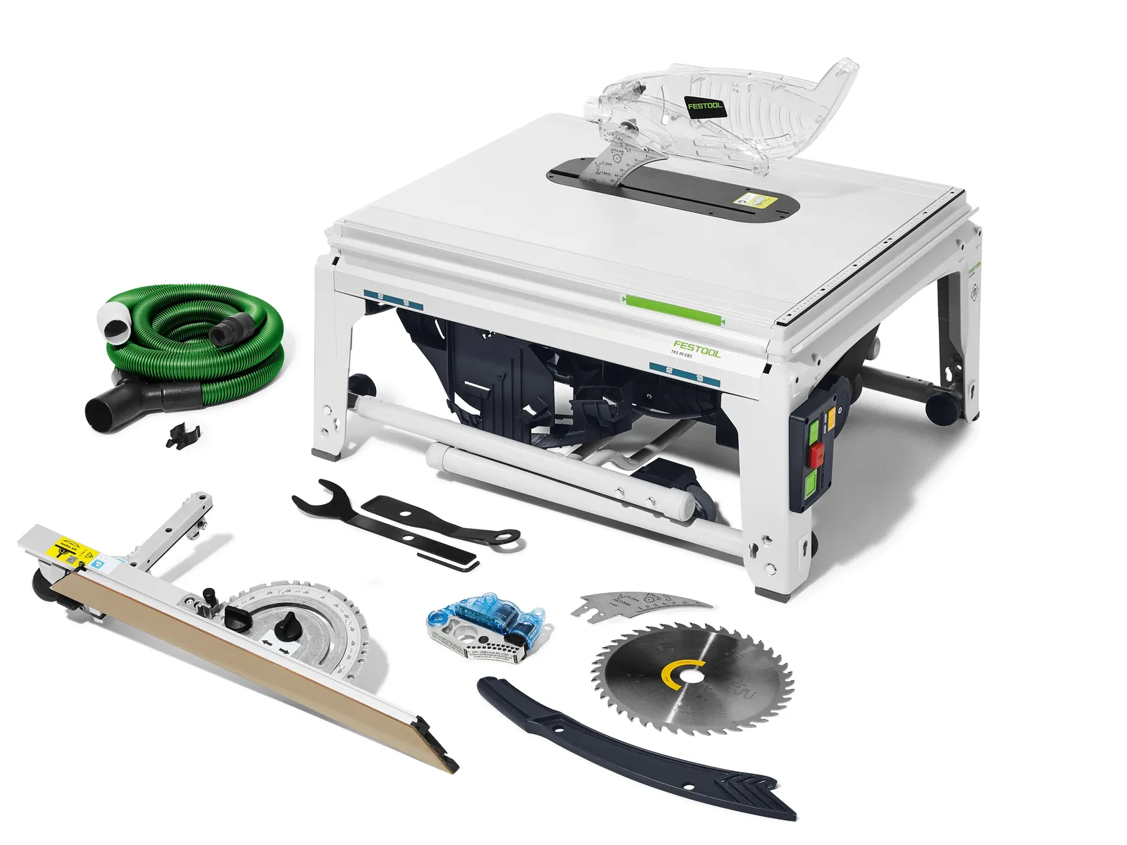 The Festool 575784 Table Saw TKS 80 EBS GB 230V is displayed with saw blades, hose, fence, spanner, and attachments on white.