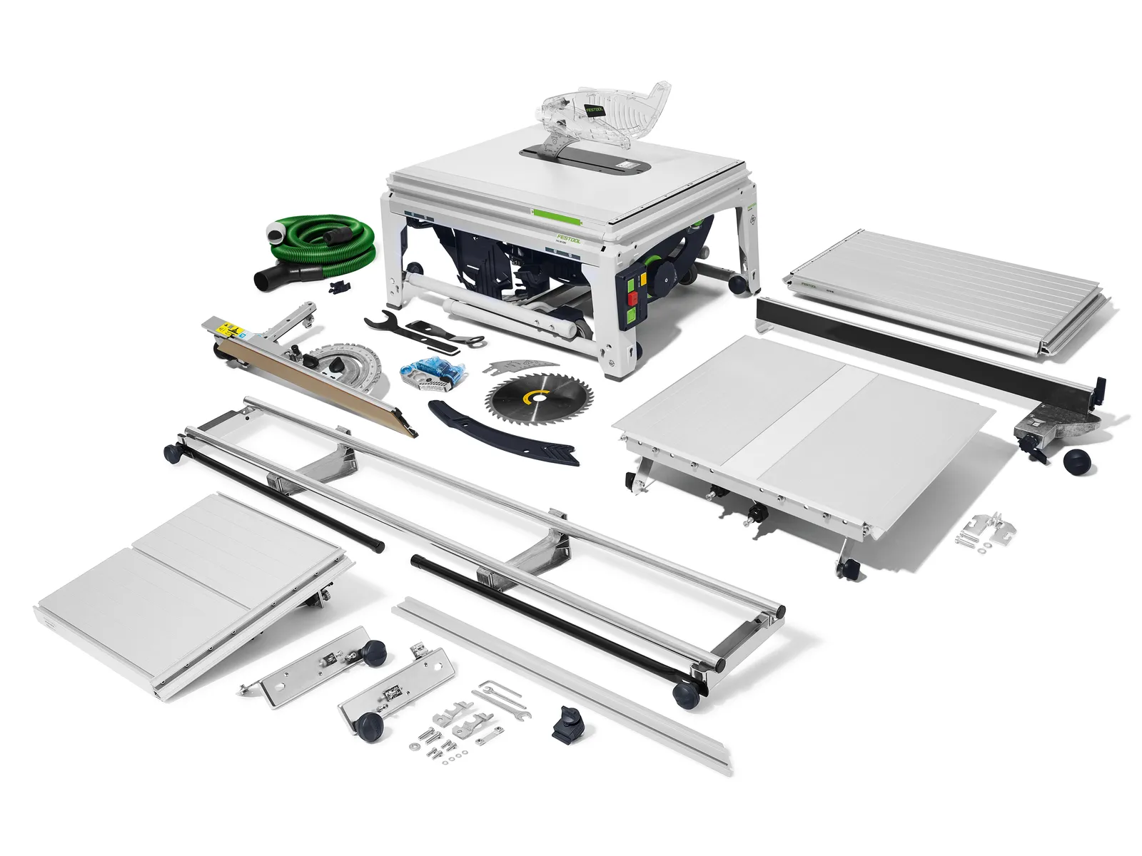 A disassembled Festool 578109 Table Saw TKS 80 EBS-Set GB with all parts is shown on a white background.
