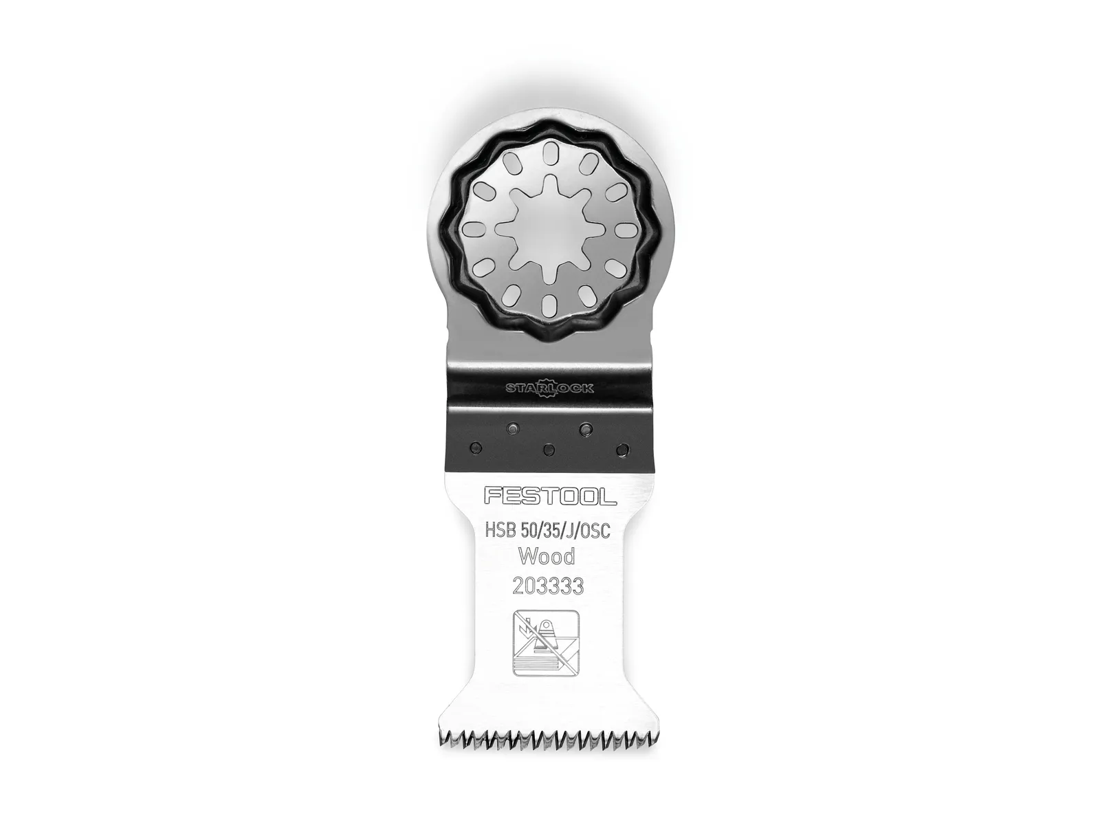 A Festool oscillating saw blade with a star-shaped mount and sharp teeth, designed for cutting wood.