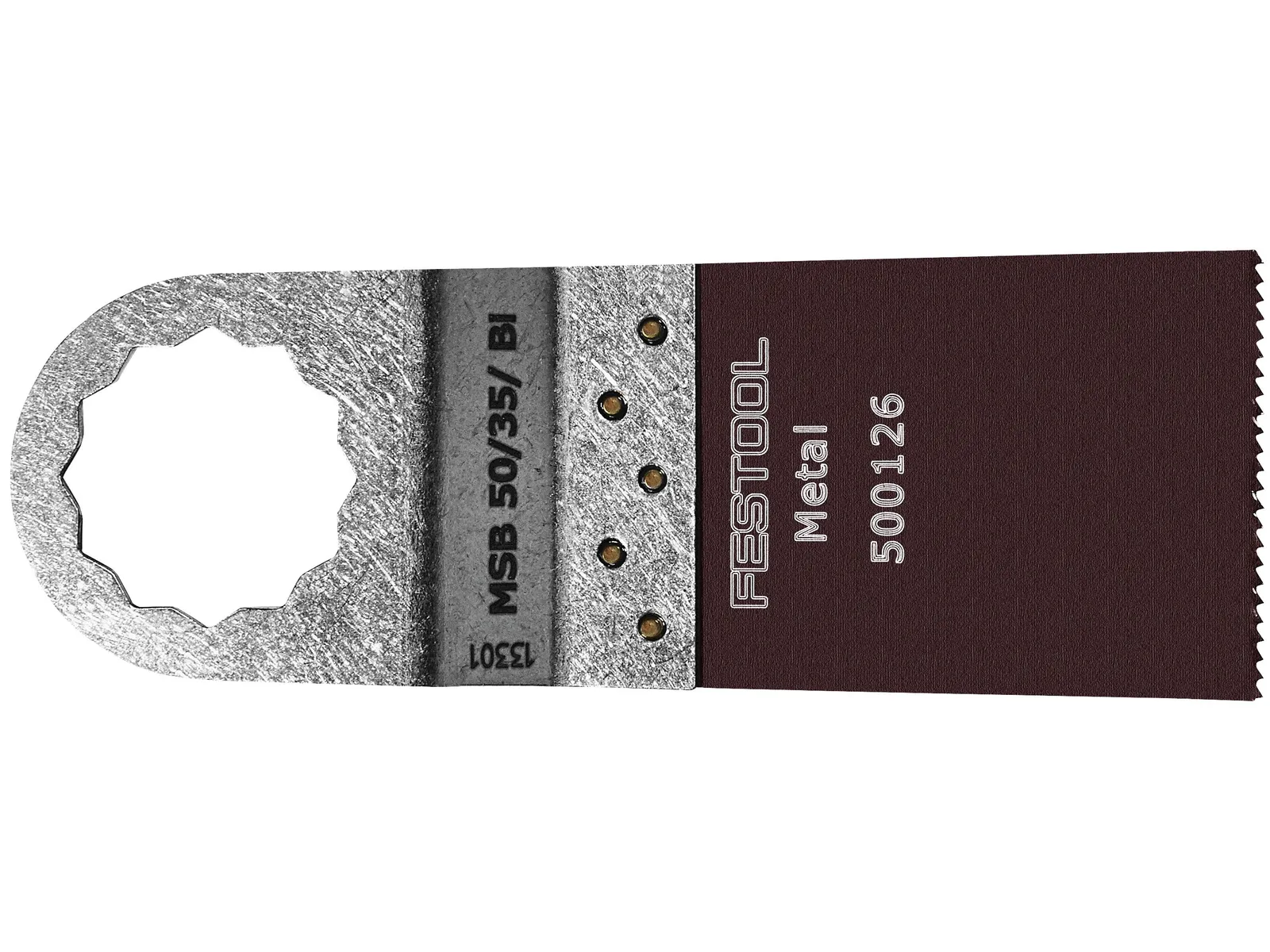 Close-up of a Festool oscillating multi-tool blade for cutting metal, featuring a toothed edge and attachment slot.