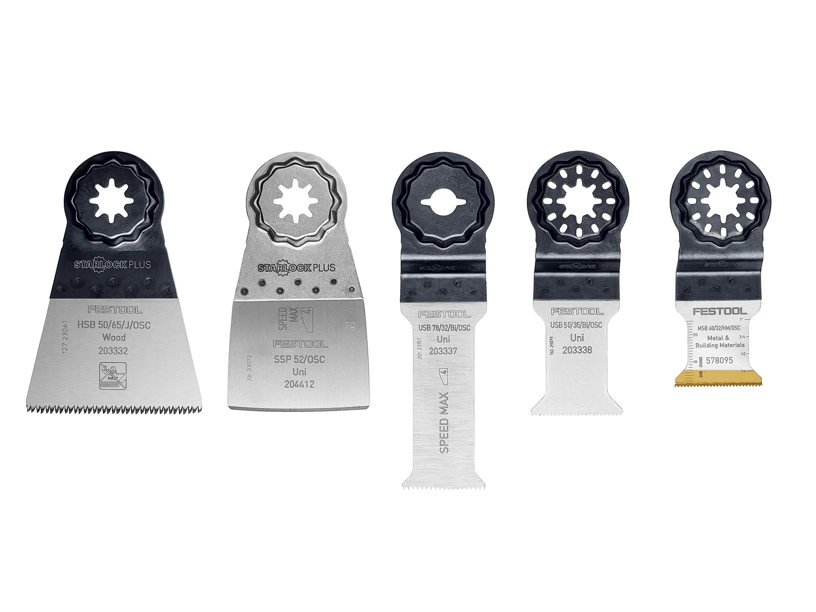 Five Festool oscillating multi-tool blades are vertically aligned on a white background, each with distinct shapes and teeth designs.