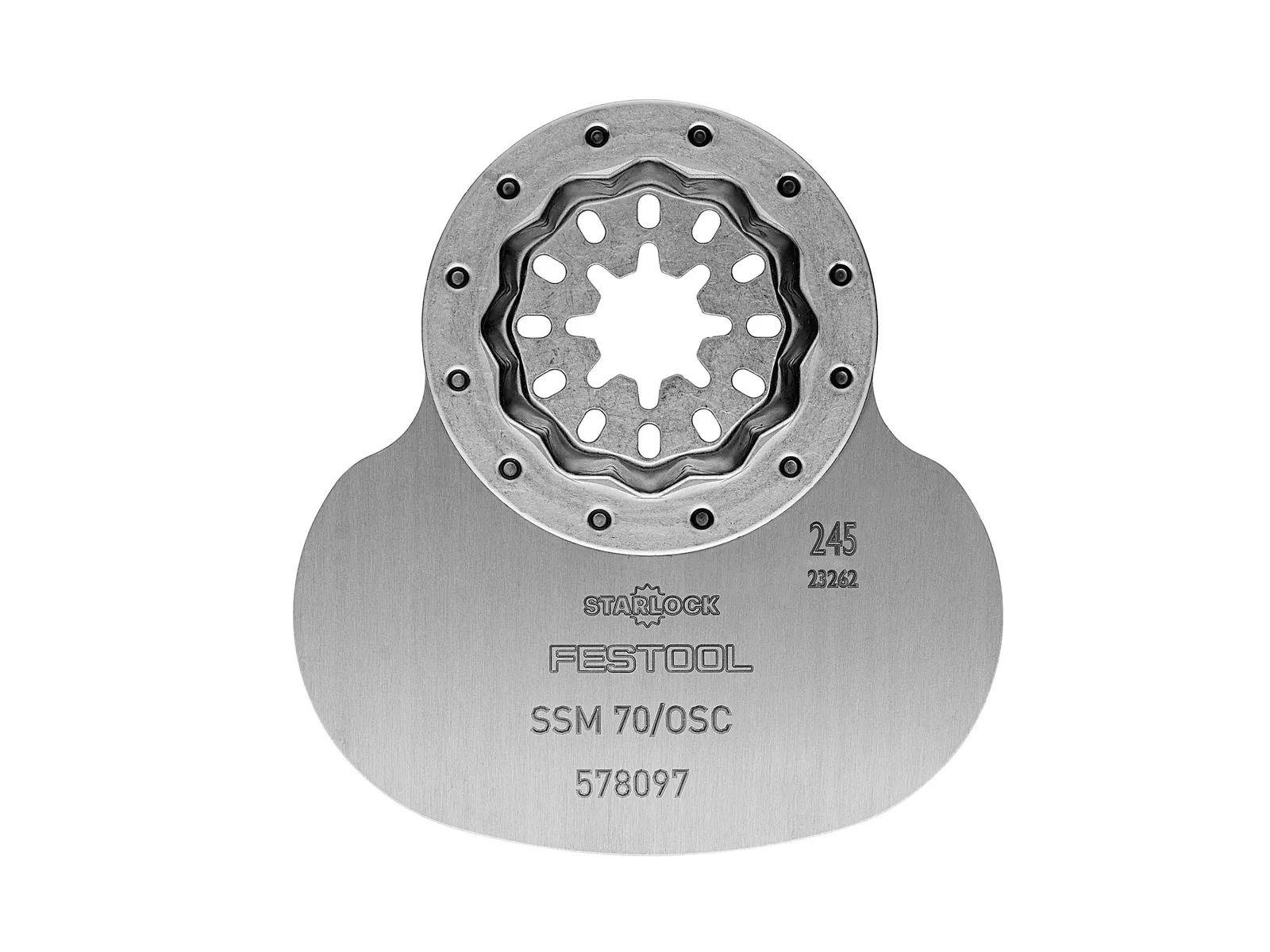 A silver Festool Starlock SSM 70/OSC multi-tool blade with a curved edge and star-shaped mounting hole.