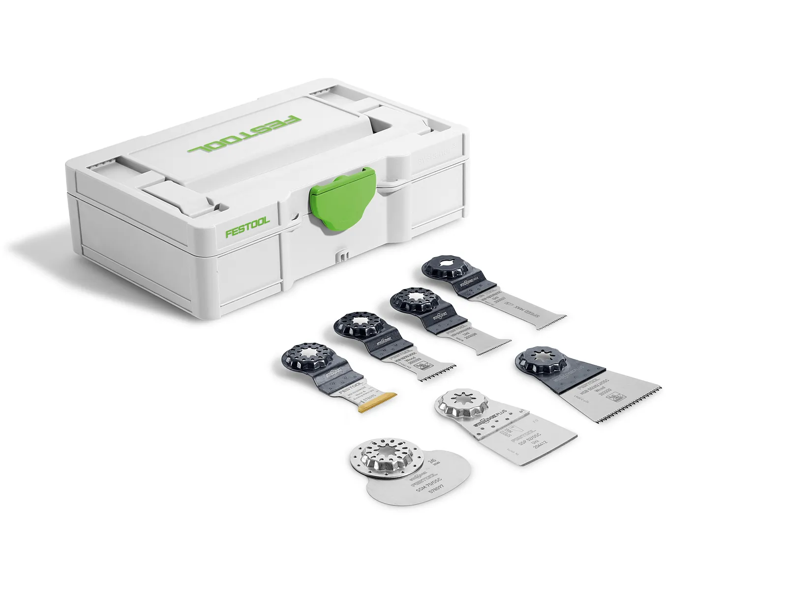 A white Festool storage case with a green latch sits behind eight multitool blades and accessories, neatly arranged on a white surface.