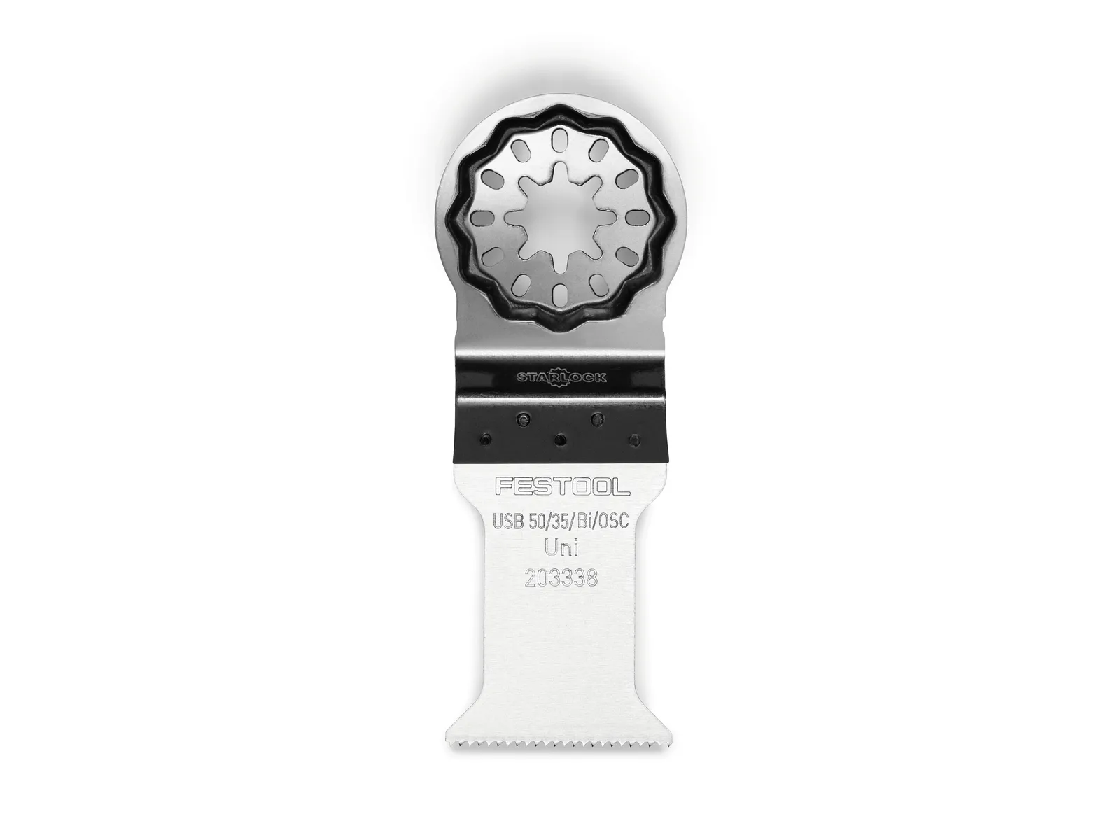 A Festool oscillating multi-tool blade with a star-shaped mounting end and a flat, rectangular cutting edge.