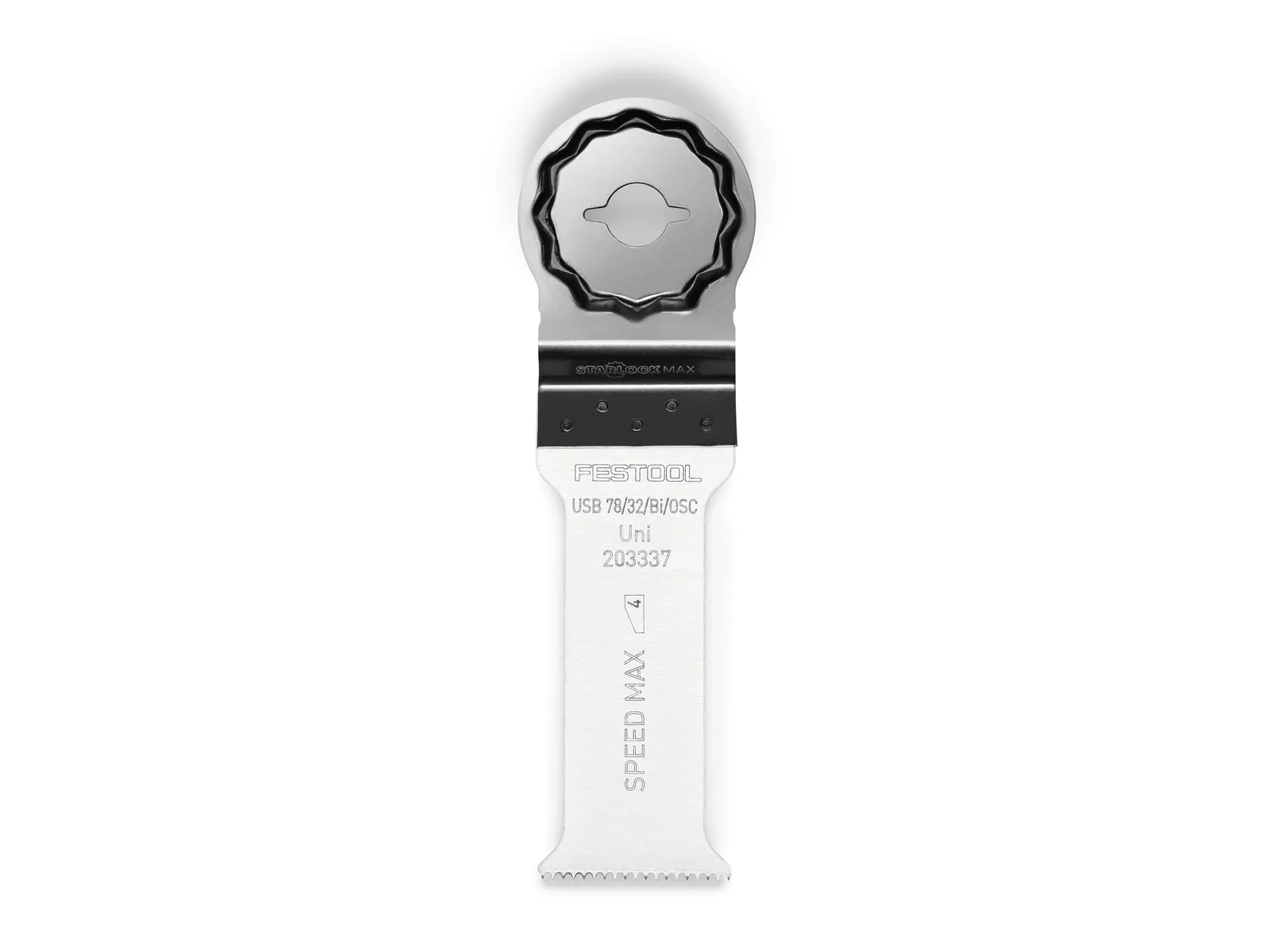 A metallic oscillating multi-tool blade with a round mounting end and a straight, toothed cutting edge. Silver with black accents.