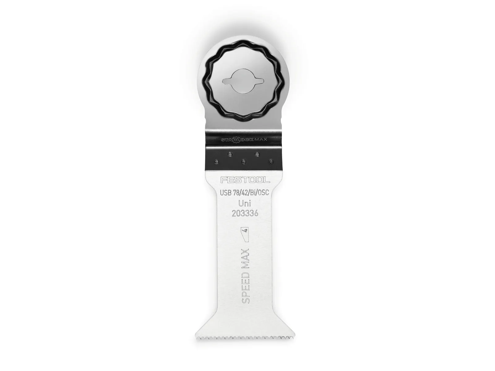 A Festool SPEED MAX oscillating saw blade with measurement markings, a notched semicircular end, and a flat serrated edge.