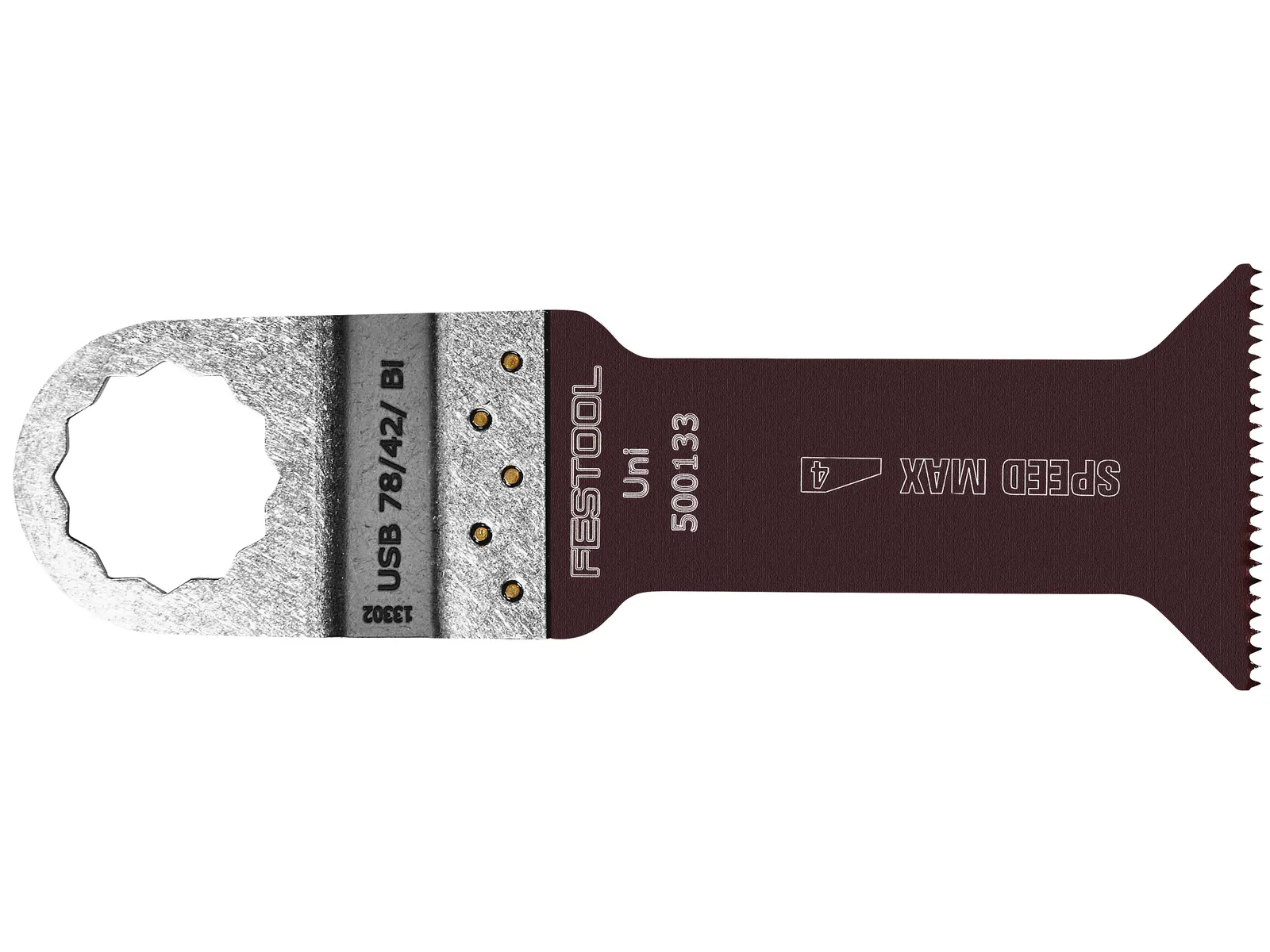 A Festool SPEED MAX oscillating multi-tool blade with a silver mounting end and dark brown, fine-toothed cutting edge.