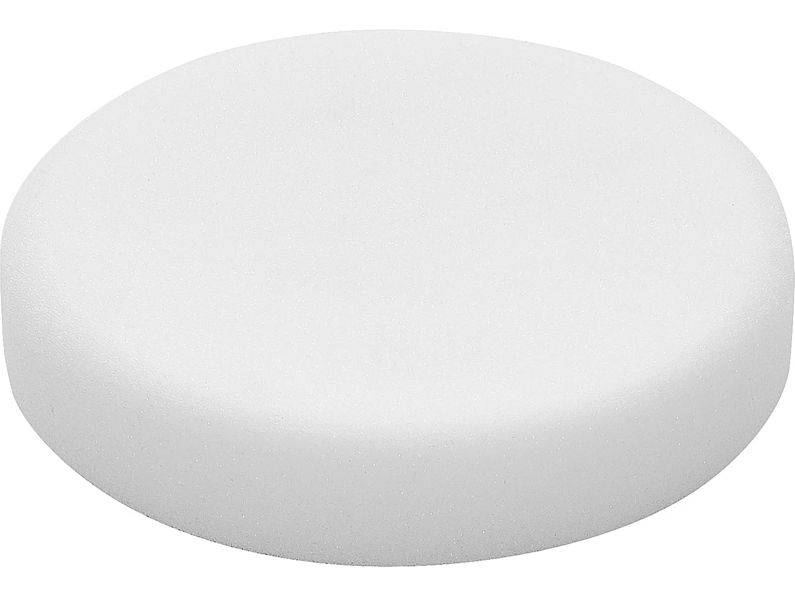 A plain, round, white sponge with a smooth texture resting on a white background.