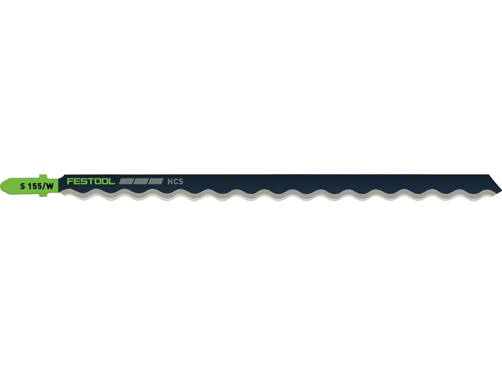 A black Festool jigsaw blade with a green end, featuring a wavy tooth pattern along the bottom edge, designed for cutting.